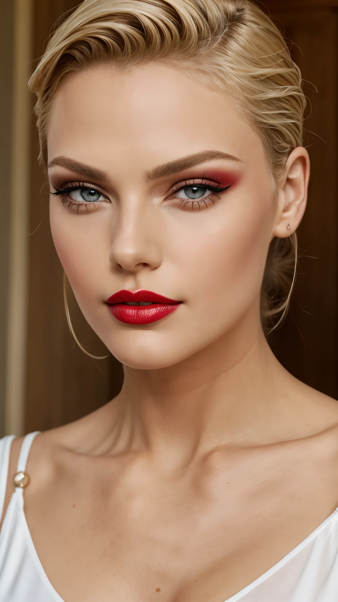 Red make-up,  red lipstick, slicked back Blond hair, Detailed Face, Detailed Lips, Detailed Eyes, 