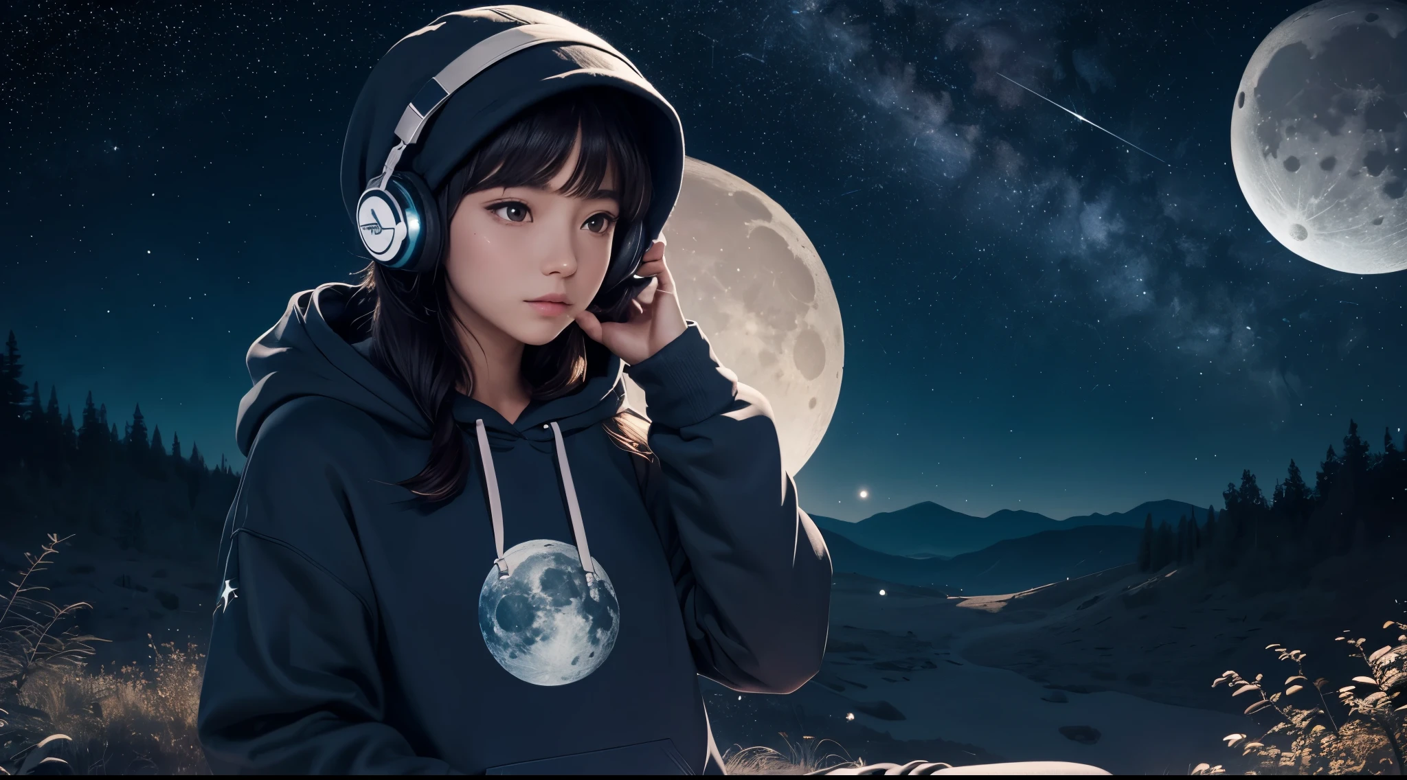 (Comfy space, nature vision, stars, moon,constellation,colors)
(girl looking to the sky pointing the moon,headphones,hoodie.)