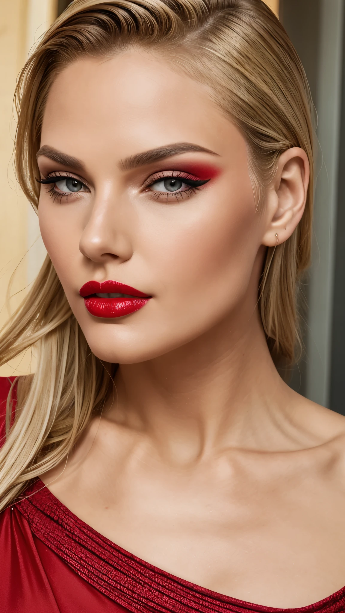 Red make-up,  red lipstick, slicked back Blond hair, Detailed Face, Detailed Lips, Detailed Eyes, 