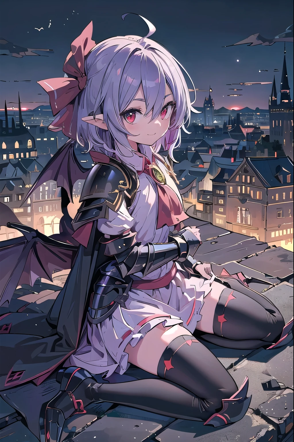 masterpiece, medieval townscape horizon Upper body girl ((((Remilia)))), ((((dark black knight armor)))), black greatsword, skirt Thighhighs , cute, clear, spike hair, dull bangs, bob hair, Braid, Ahoge red eyes looking at the viewer, ((smile)), ((wariza)) adventurer ((From above)), From the side, open your mouth black cloak