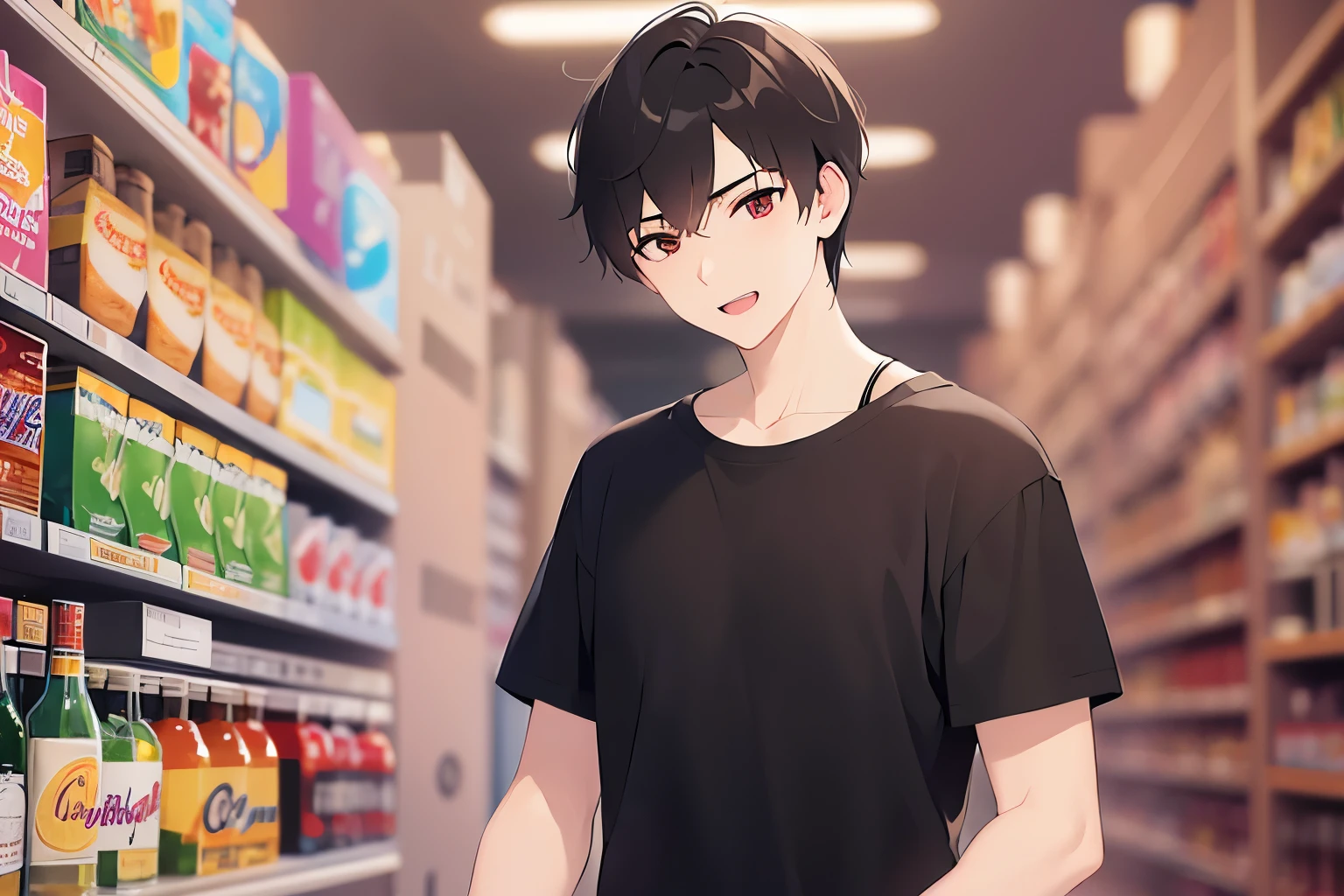 cinematic angle, masterpiece、highest quality、(25 year old male:1.5) and (brown short hair) and (red eyes), (Wearing a plain black T-shirt:1.5)、smile、open mouth, The background is a liquor store、Are standing、(Alone:1.5)