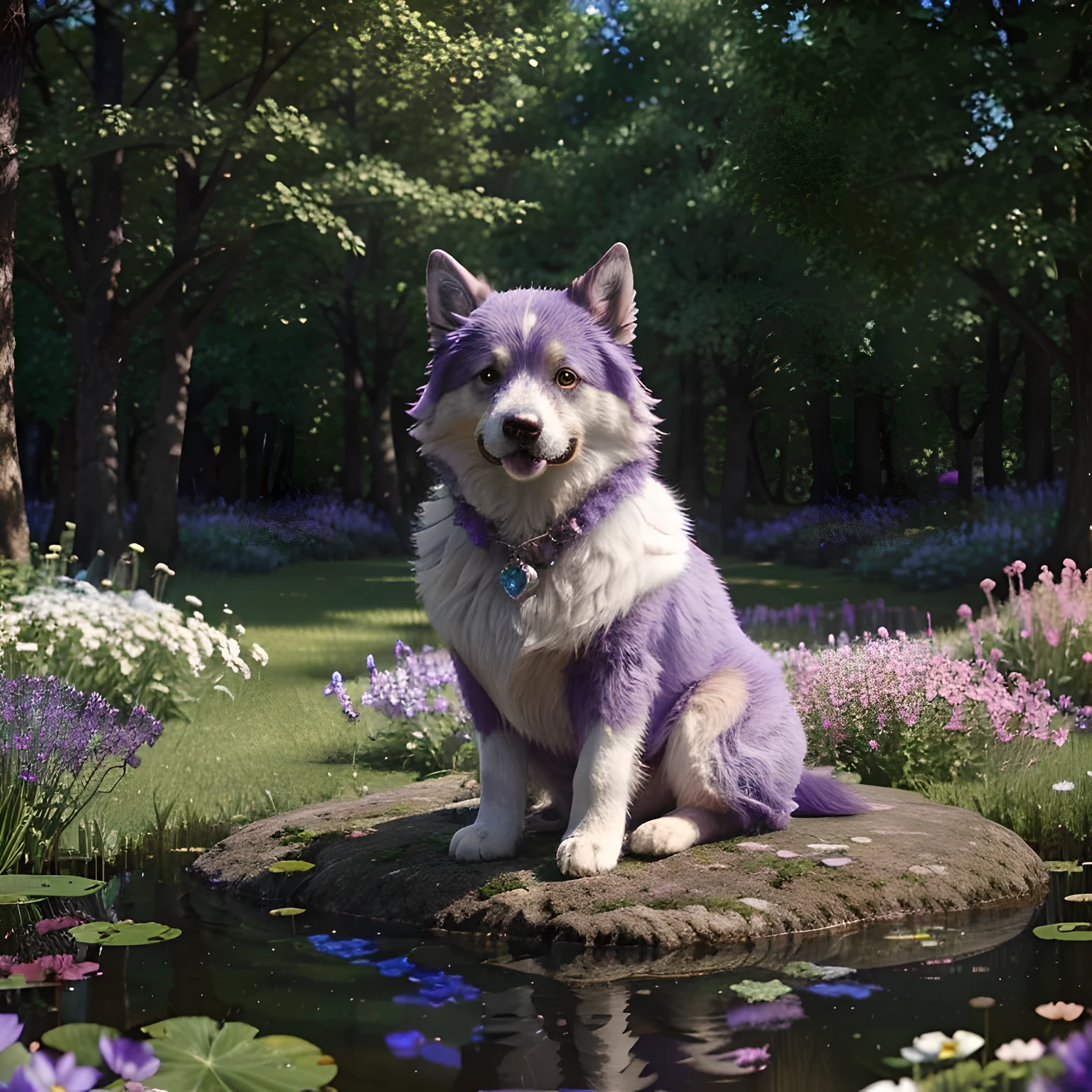 fluffy dog in an enchanting and dreamy scene of a fantasy forest, flowers, sky, clouds, lots of blues and purples, depth of field, photorealist, crystals, pond,  real, detailed, 8k, high quality, 