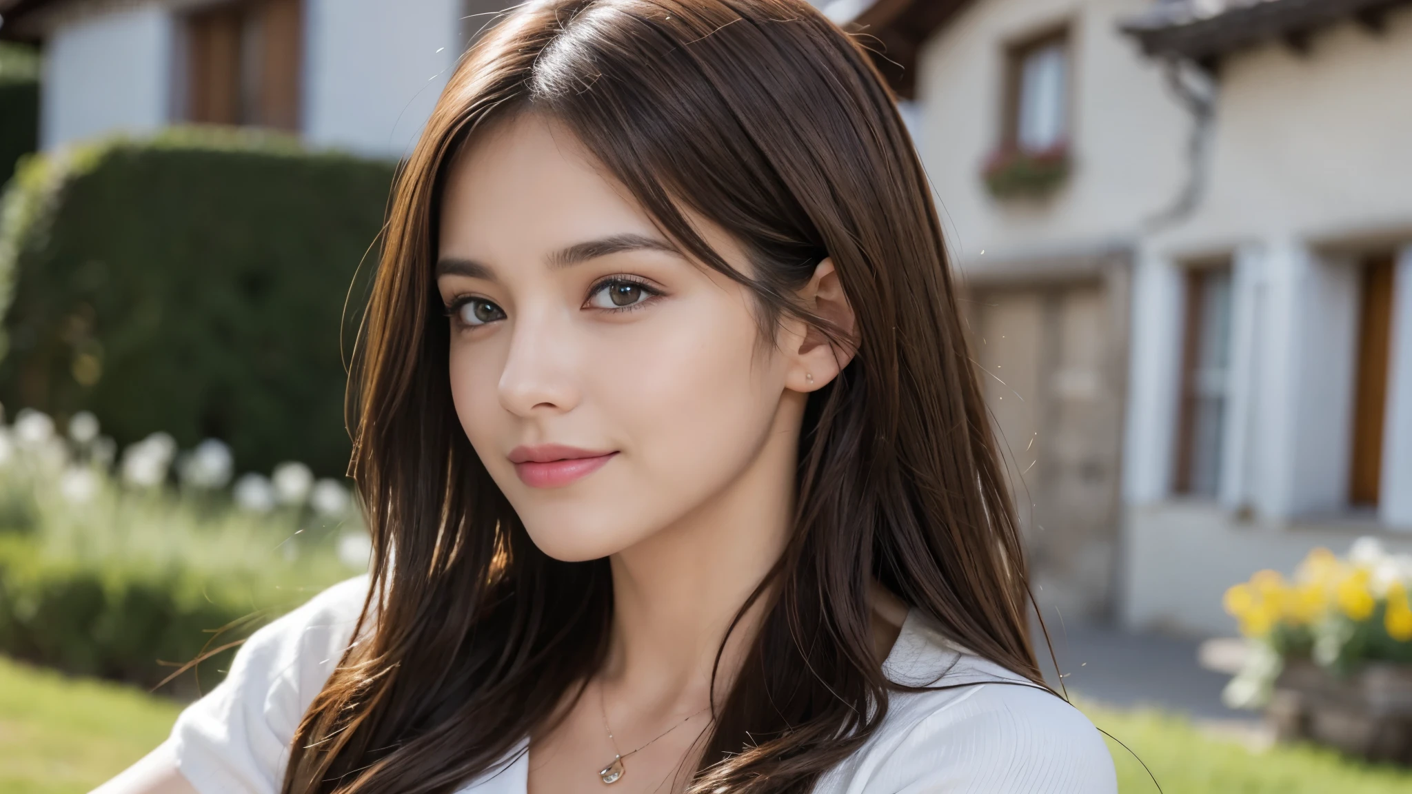 masterpiece, Best Quality, Photorealistic, Ultra-detailed, finely detailed, High resolution, 8K Wallpaper, 1 beautiful woman, light brown hair, foco nítido, Perfect dynamic composition, Beautiful detailed eyes, detailed hairs, Detailed realistic skin texture, Smiling, portrait, Model body type, The background is the village of Grindelwald, Switzerland,