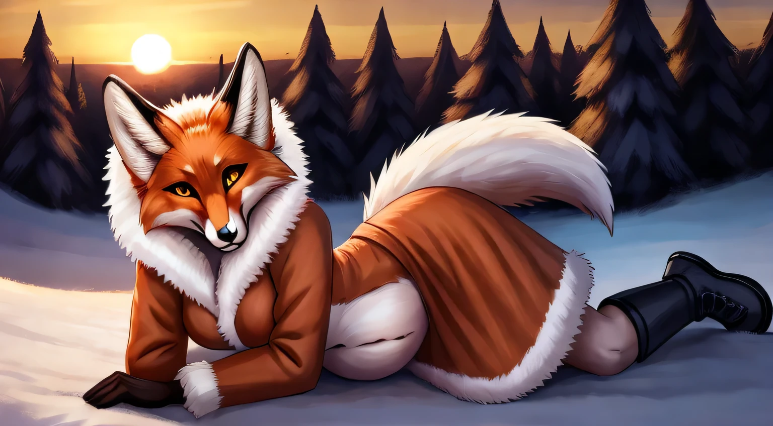 there would be a belly,rumbling in the stomach,,Alice, One, 1 girl, animal ears, color: red, orange, Female focus, 1 fox tail, red tail of the best quality, exteriors, Lying position of the girl, Alice lying in the snow, The girl is lying on the ground, happy face, hood, detailed background, orange jacket, Fur trim, fluffy, fluffy, Fur trimmed sleeves, orange fur coat with fur trim, Best quality fox ears., a 1 girl, One, Focus photo, smile, blush, I'm looking at the viewer, Evening sunset, winter, snowing, detailed yellow eyes, Detailed beautiful yellow eyes, detailed face, detailed hands and fingers, High-quality hands and fingers, perfect body anatomy, perfect posture, Perfect anatomy of the hand, Perfect finger anatomy, Increased sexuality, big breasts, Thin waist, Girl in a long skirt, Knee-length skirt, Long winter boots, Best quality,in detail,high resolution illustration, Cute, хитрая smile, blush, voluminous breasts, vulgar girl, Thin, soft, beautiful and detailed portrait, 8K, HDR, Excellent quality, very detailed, detailed fur, ((Correct tail position)), Beautiful girl, In a snow-covered dark forest, among the trees, Winter forest landscape, Eyes of detail, cinema lighting