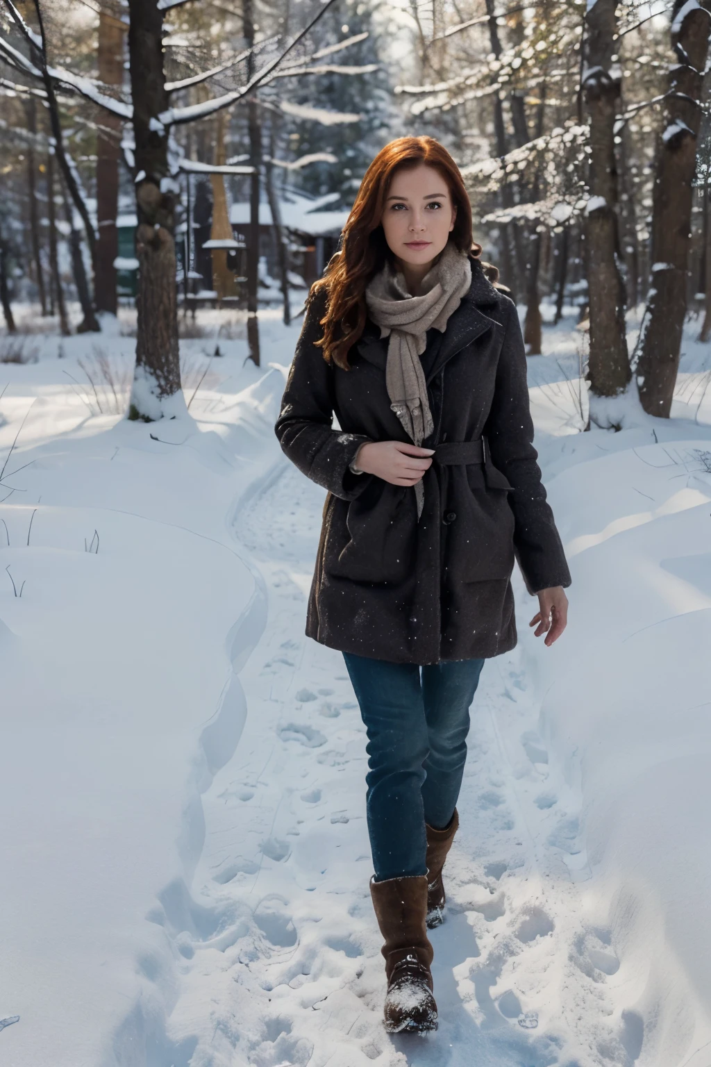 (best quality,4k,8k,highres,masterpiece:1.2),ultra-detailed,realistic:1.37,portrait of a woman in her 40s,redhead,beautiful detailed eyes,beautiful lips,walking in a snowy forest,tiger,medium:oil painting,detailed snow-covered trees,majestic tiger,crisp winter air,muffled footsteps in the snow,faint sunlight filtering through the trees,vivid colors,subtle shadows,soft winter color palette,gentle diffused light,impressionistic style.
