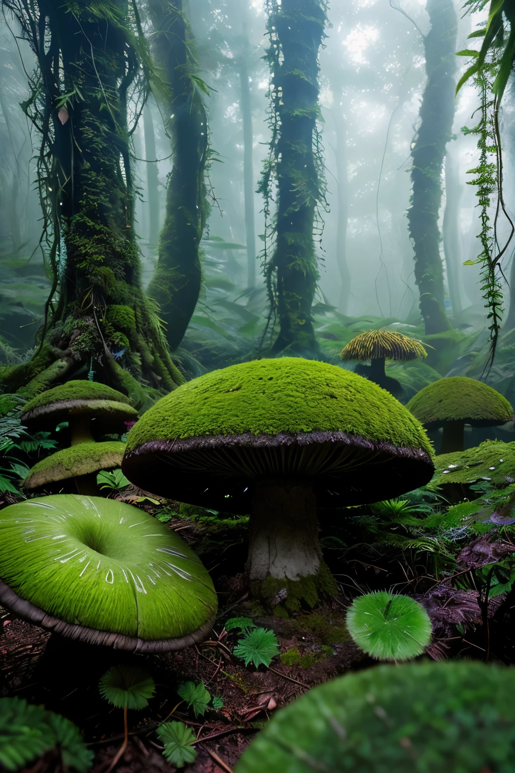 Created super-realistic macro photographs of a fantasied glowing mushroom land,
With ferns and lichens of various colors, untouched and surreal,
Futuristic landscape with softly glowing trunks,
Of ancient trees, partially ruined and entwined with vines,
Dewdrops adding shimmering touches to the scene.
Background dark and mysterious, an ancient G-65K jungle,
Foggy and misty vegetation, intricately detailed,
Smooth textures evoking a high level of precise detail,
Light refraction and reflection, HDR photography at its best,
Cinematic volumetric lighting, high