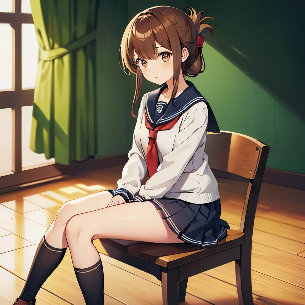 sit in a chair, Look to the right,I am not feeling well and am holding my knees while observing a class on the floor of the school gymnasium.,(masterpiece, best quality:1.2),illustration,8k,hd,1girl,solo,upper body,(portrait:1.2),brown_hair,folded_ponytail,brown_eyes,serafuku,long_hair,school_uniform,skirt,pleated_skirt,