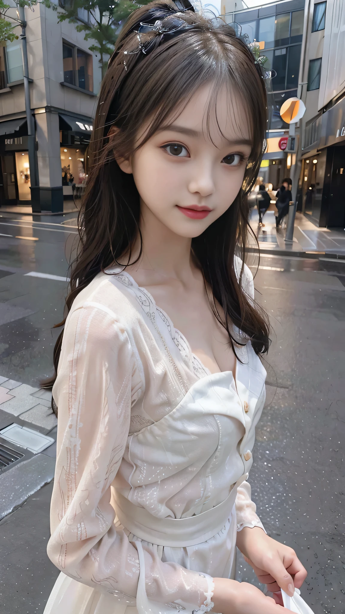 One woman,fully body photo,masutepiece, The highest image quality, High quality, the background is clear,Beautiful woman, Japanese, Detailed, Detailed eyes, Detailed skin, Beautiful skin, 超hight resolution, (reality: 1.4),Very beautiful woman, Slightly younger face, Beautiful skin, slender, (Ultra photo realsisim), (hight resolution), (8K), (Very detailed) (beautifully detailed eyes), (super detailed), (Detailed face), view the viewer, Fine details, Detailed face, Staring straight ahead, Staring straight ahead, photos realistic, Bright lighting, Professional Lighting, Black hair,poneyTail,a baby face,fifteen years old,髪型はponeyTail,ロングのponeyTailの髪型,slight smile,neat and tidy clothing,European Streets,Beautiful Japanese KPOP idol photo, hair style is ponytail, my eyes are double and wide, baby face, smile and look straight ahead, slender, small breasts,