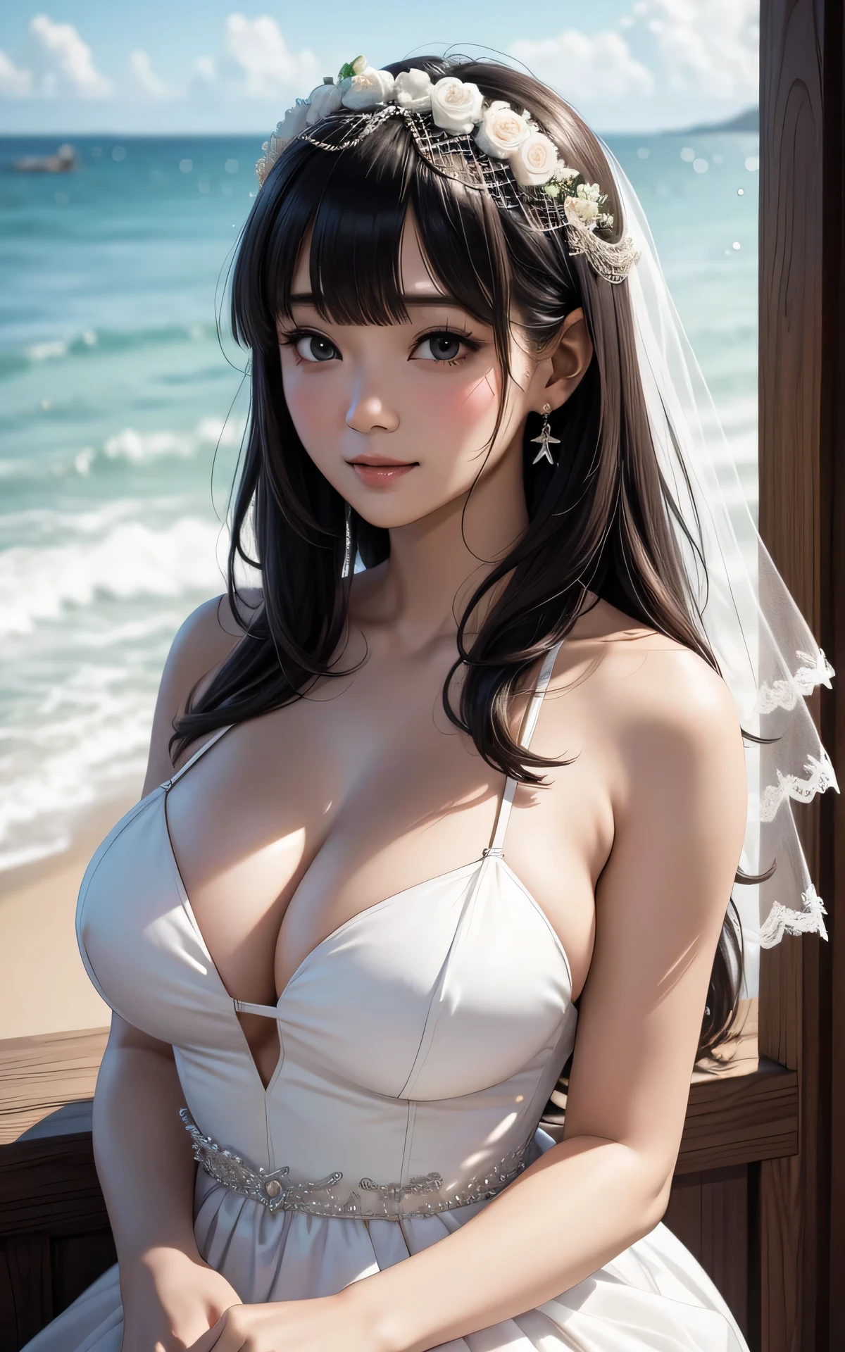 absurderes:2.0、(Blush、wedding veil:1.4, blunt bangs、loose hair)、japanese actress、solo, realistic, Unity 8K Wallpaper, Masterpiece, Realistic face, Realistic skin feeling ,detailed hair, highly detailed, realistic glistening skin, light makeup, (wedding dress:1.6、curvy、big breasts, black eyes)、 light smile, Deck with sea view
