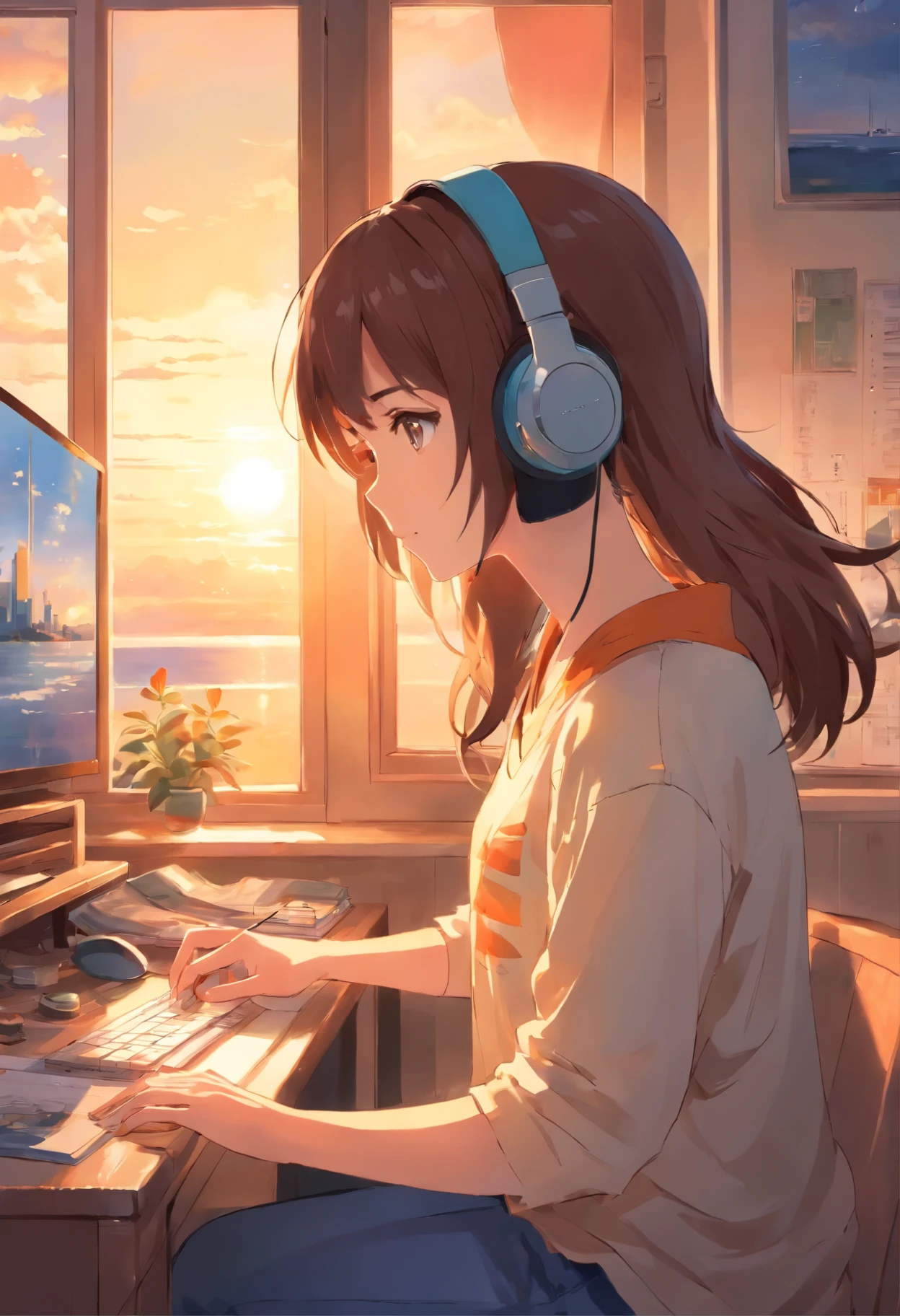 A room where the setting sun shines in、girl with headphones、Pensive、watercolor painting、