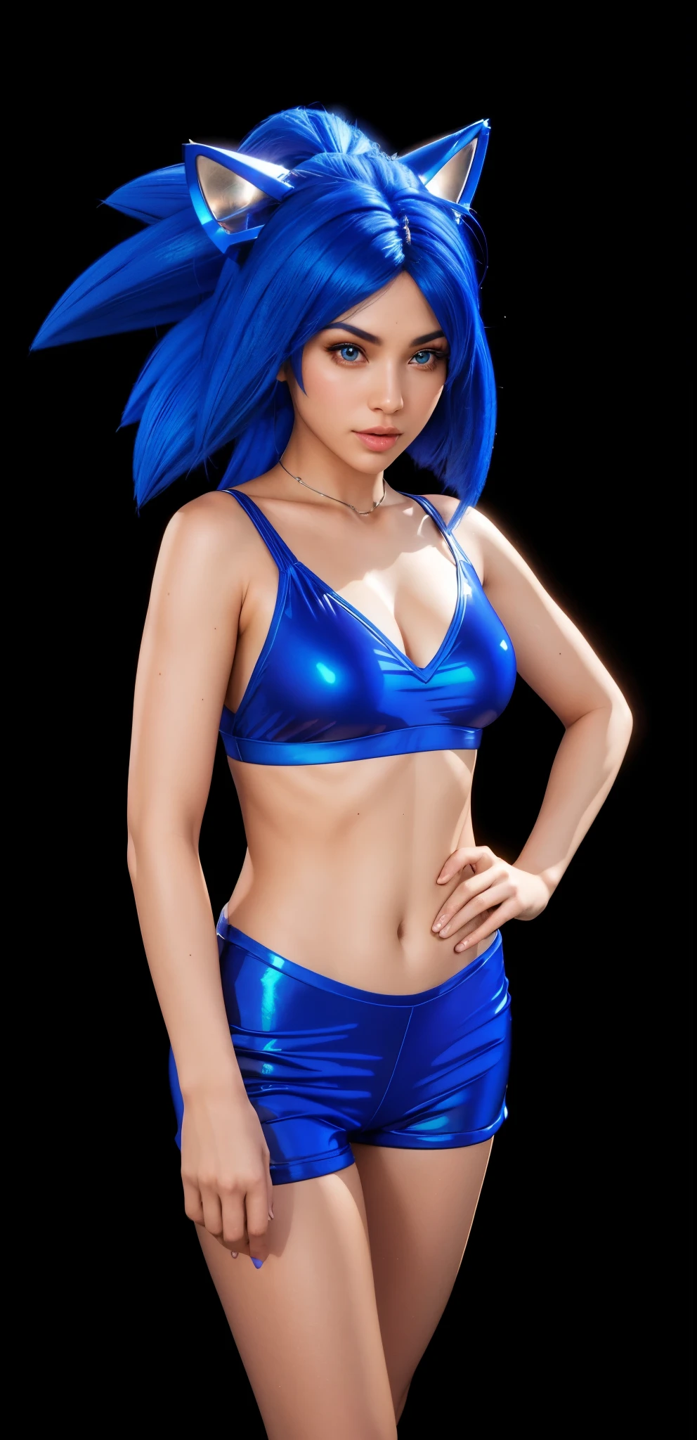 woman dressed in a blue shorts and blue top, woman wearing blue sonic costume, bright blue shiny costume, , blue bikini, sonic oc, an anthropomorphic blue hedgehog, blue elf, blue haired woman, attractive body, pretty girl with blue hair, sonic the hedgehog, portrait of sonic the hedgehog, made of fur, 3d model, digital art, detailed digital art, beautiful light, reflective, best quality, 4k, masterpiece:1.2, ultra-detailed, realistic, vivid colors, The image of the highest quality, ensuring every detail showcased perfectly. It in 4k resolution, allowing viewers to immerse themselves in the richness of the colors and intricate details. The realistic rendering. reflecting, high-resolution image, realistic rendering, rim light, multiple light sources, rim light, sharp post effects render, (glossy metallic texture with multiple big light probe refractions), perfect cgi, cgi art created only with gradients, smooth silhouette,