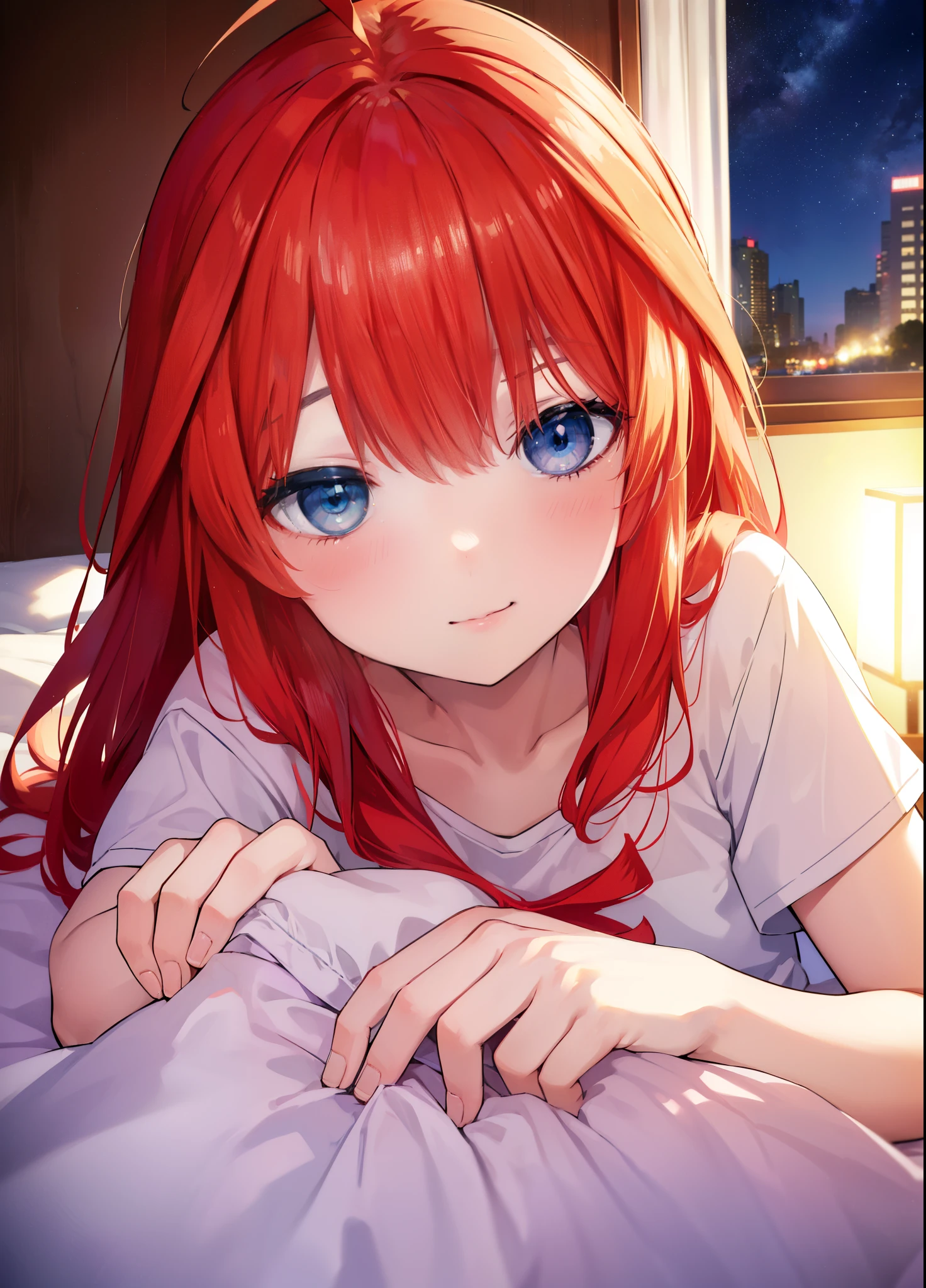 itsukinakano, Itsuki Nakano, bangs, blue eyes, hair between eyes, Ahoge, redhead,  ,A girl sleeps with both eyes closed，smile，Bedroom，the light goes out， covered with a blanket， windows，romantic starry sky，extreme light，A meteor crosses,T-shirt,red underwear,sleeping in bed,
break indoors, Bedroom,
break (masterpiece:1.2), highest quality, High resolution, unity 8k wallpaper, (figure:0.8), (detailed and beautiful eyes:1.6), highly detailed face, perfect lighting, Very detailed CG, (perfect hands, perfect anatomy),