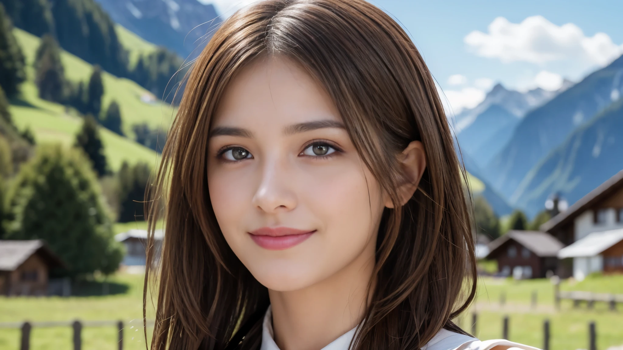 masterpiece, Best Quality, Photorealistic, Ultra-detailed, finely detailed, High resolution, 8K Wallpaper, 1 beautiful woman, light brown hair, foco nítido, Perfect dynamic composition, Beautiful detailed eyes, detailed hairs, Detailed realistic skin texture, Smiling, portrait, Model body type, The background is the village of Grindelwald, Switzerland,