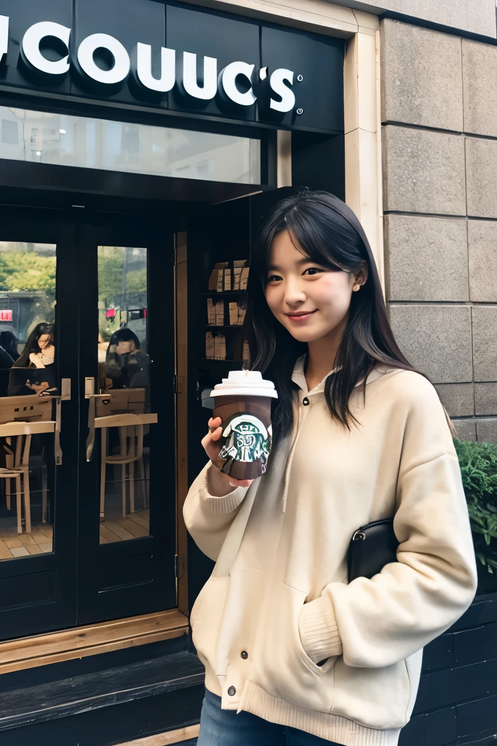 (RAW photo, best quality, masterpiece: 1.2), (photorealistic: 2), (Polish girl, 20 years old, black hair, Light grey eyes, short bob cut, hair in 7 thirds, hair over one ear, Symmetrical eyes, solo, Detailed Skin:1.1), Wearing a white oversized sweatshirt, dark grey pants, light blue and white Nike Jordans, a small pearl necklace, sitting Indian style on the grass, drinking a Starbucks latte from a clear cup with a green straw, angled slightly above, sunny, gel nails, smiling