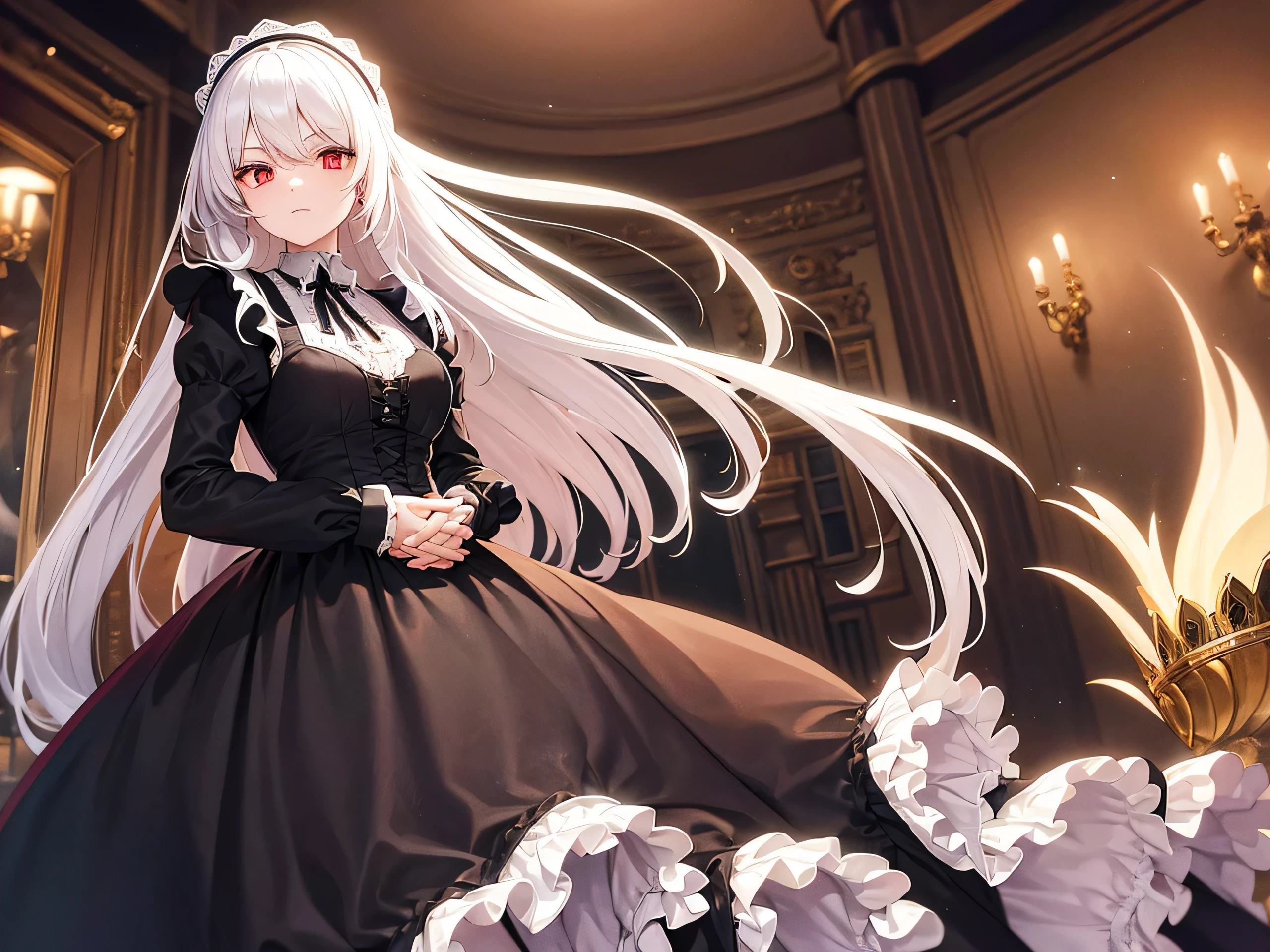 beautiful victorian maid girl with luxury or mystical armour, long white hair, red eyes, no expression, crossing hands, look at viewer.