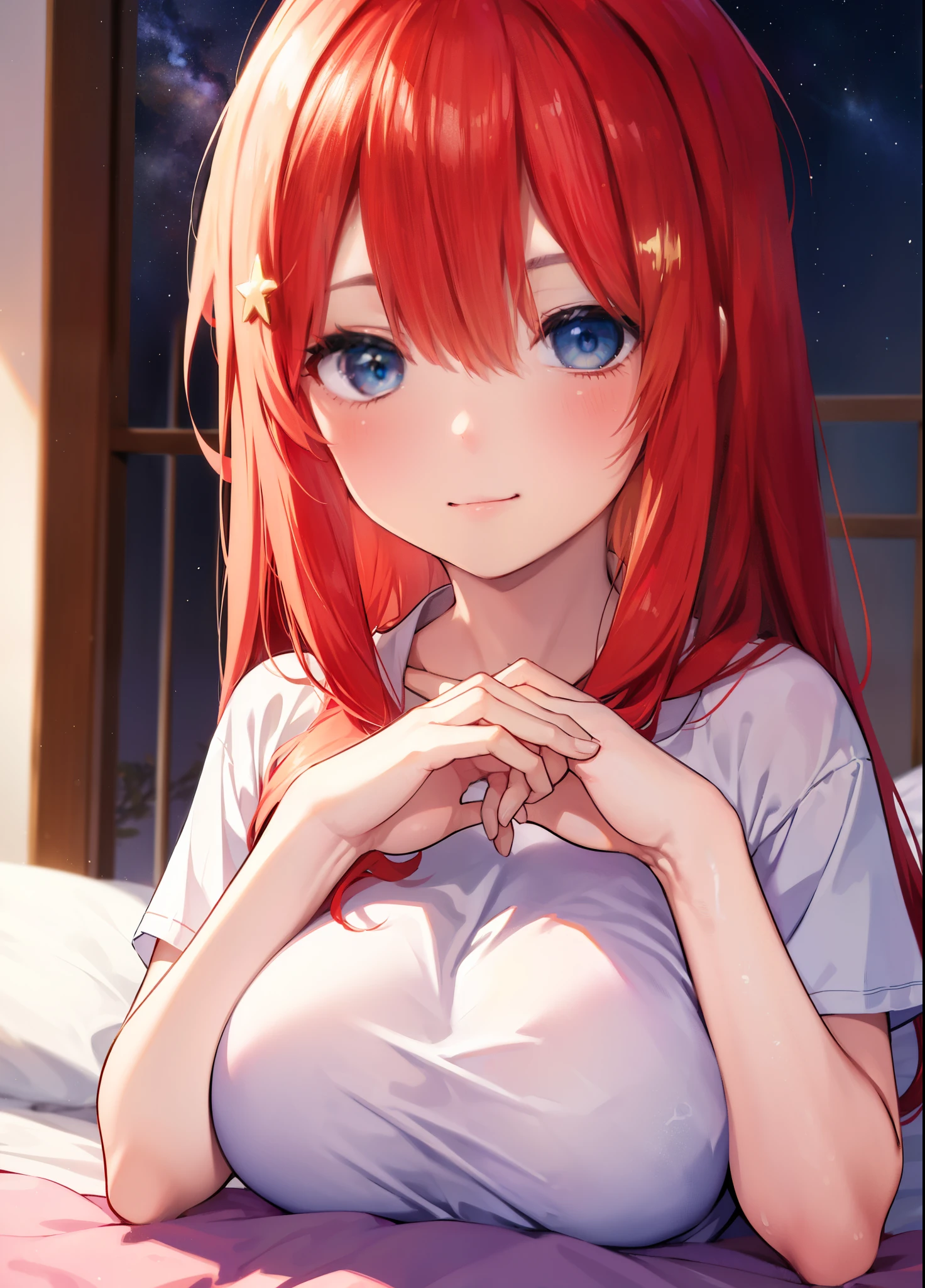 itsukinakano, Itsuki Nakano, bangs, hair between eyes, Ahoge, redhead,  ,A girl sleeps with both eyes closed，smile，Bedroom，the light goes out， covered with a blanket， windows，romantic starry sky，extreme light，A meteor crosses,T-shirt,red underwear,sleeping in bed,
break indoors, Bedroom,
break (masterpiece:1.2), highest quality, High resolution, unity 8k wallpaper, (figure:0.8), (detailed and beautiful eyes:1.6), highly detailed face, perfect lighting, Very detailed CG, (perfect hands, perfect anatomy),