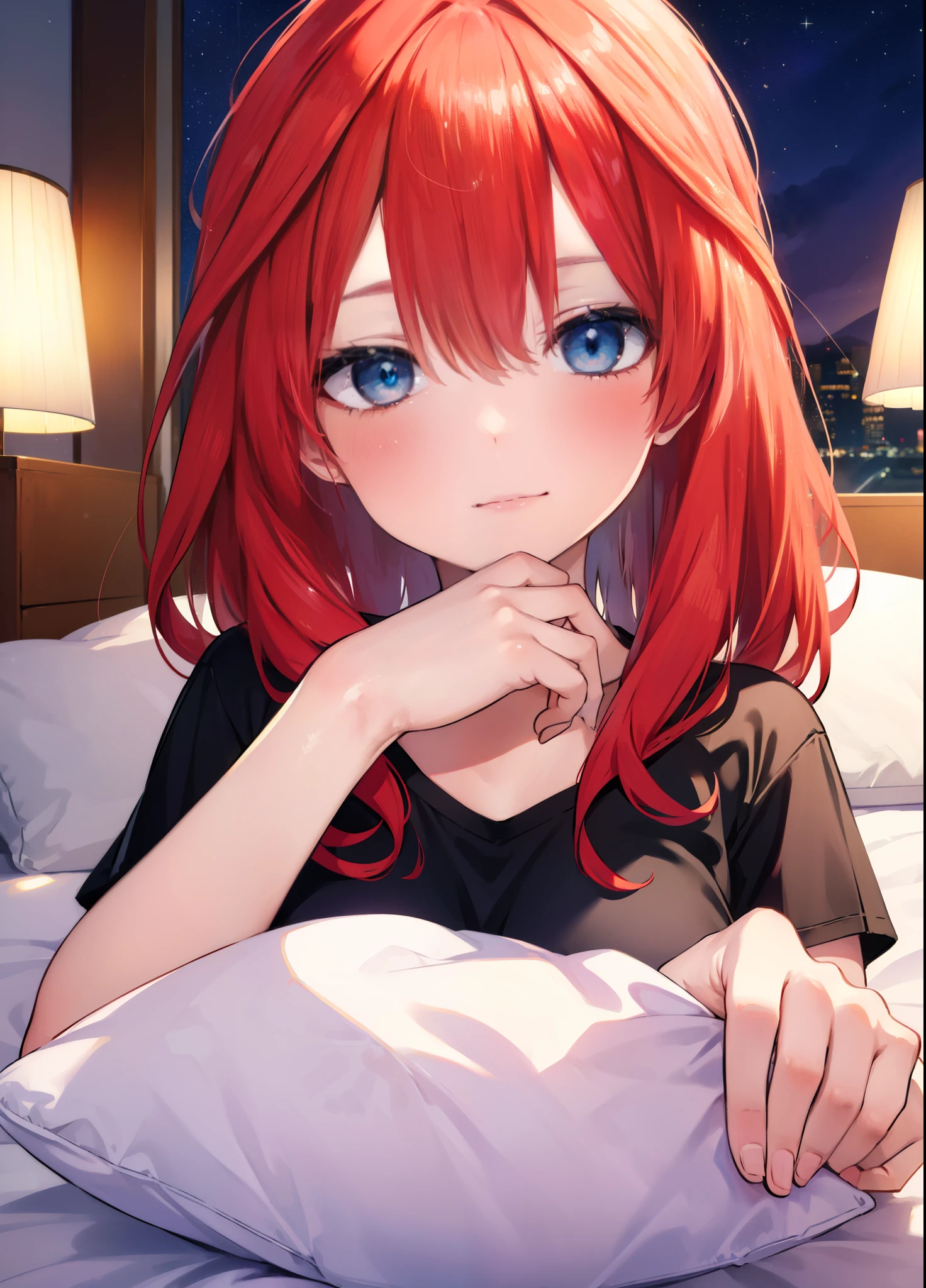 itsukinakano, Itsuki Nakano, bangs, hair between eyes, Ahoge, redhead,  ,A girl sleeps with both eyes closed，smile，Bedroom，the light goes out， covered with a blanket， windows，romantic starry sky，extreme light，A meteor crosses,T-shirt,red underwear,sleeping in bed,
break indoors, Bedroom,
break (masterpiece:1.2), highest quality, High resolution, unity 8k wallpaper, (figure:0.8), (detailed and beautiful eyes:1.6), highly detailed face, perfect lighting, Very detailed CG, (perfect hands, perfect anatomy),