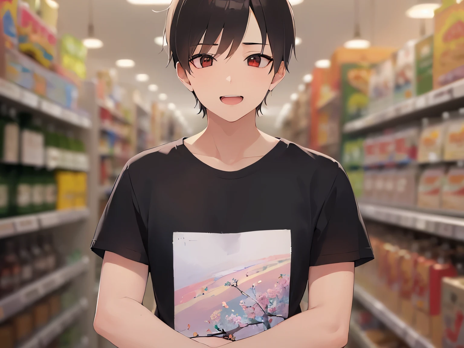 side glance、 masterpiece、highest quality、(25 year old male:1.5) and (brown short hair) and (red eyes), (Wearing a plain black T-shirt:1.5)、smile、open mouth, The background is a liquor store、Are standing、(Alone:1.5)