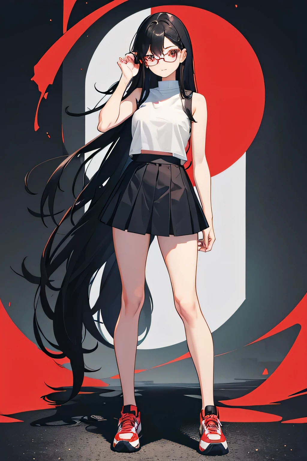 girl wearing sleeveless shirt standing confident, black hair, long hair, black skirt, red eyes, full body, tight fit, eye glasses