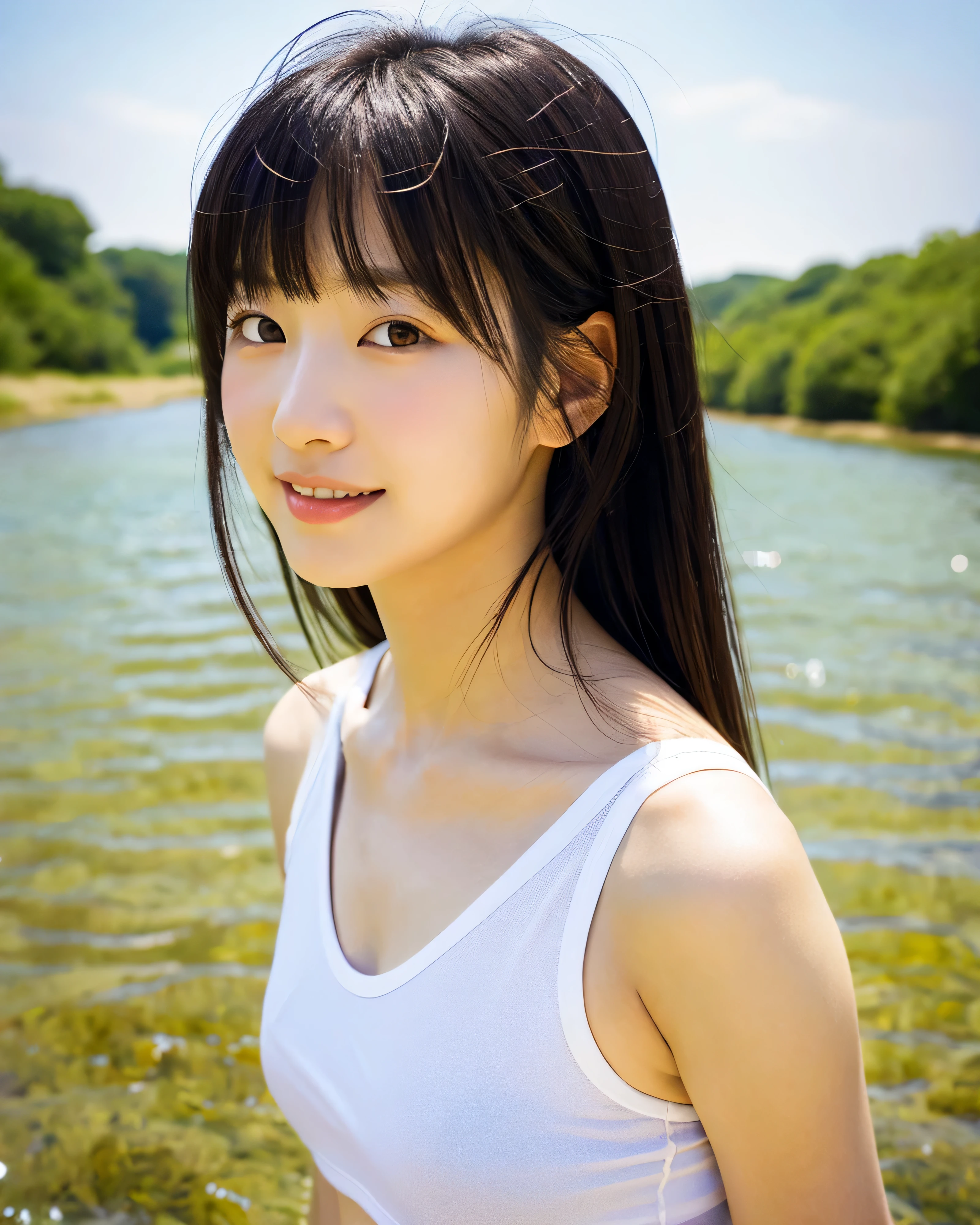 beautiful japanese girl, ,(whole body:1.5) , detailed bright black hair, short twin tails, asymmetrical bangs, big magical eyes, Detailed moisturized eyes, pale pink lips, relaxed smile, smooth soft skin, white sleeveless shirt, young body, black shorts, Detailed and perfect clavicle, Beautiful high resolution chest, Countryside riverbank, walk in a shallow river, The white bra is visible through the shirt, professional lighting, professional photographer
