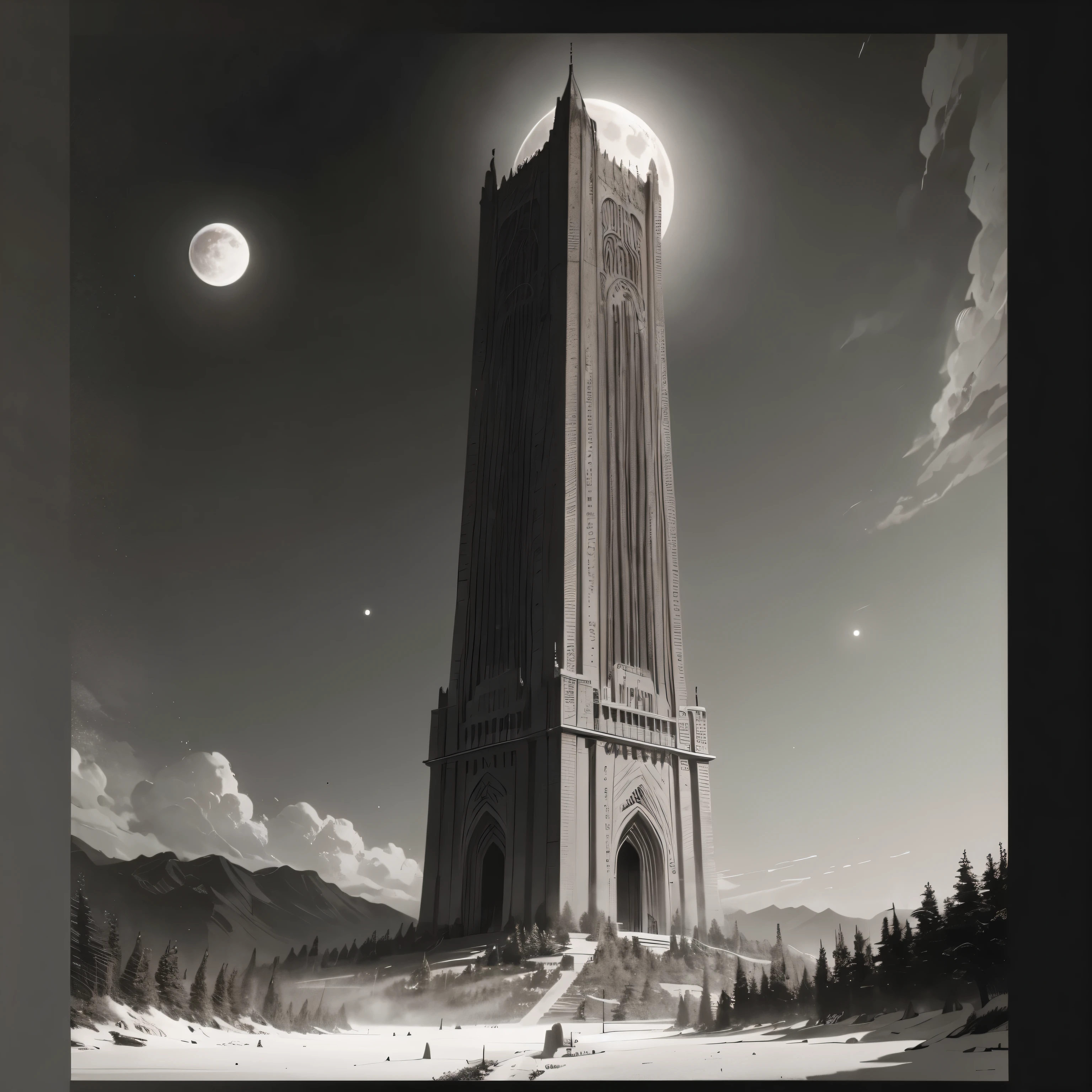 a tall tower,a moon , , leave edges blank, 黑白comic style, comic style, comic art style, Draw comics with pencil and ink, black and white coloring