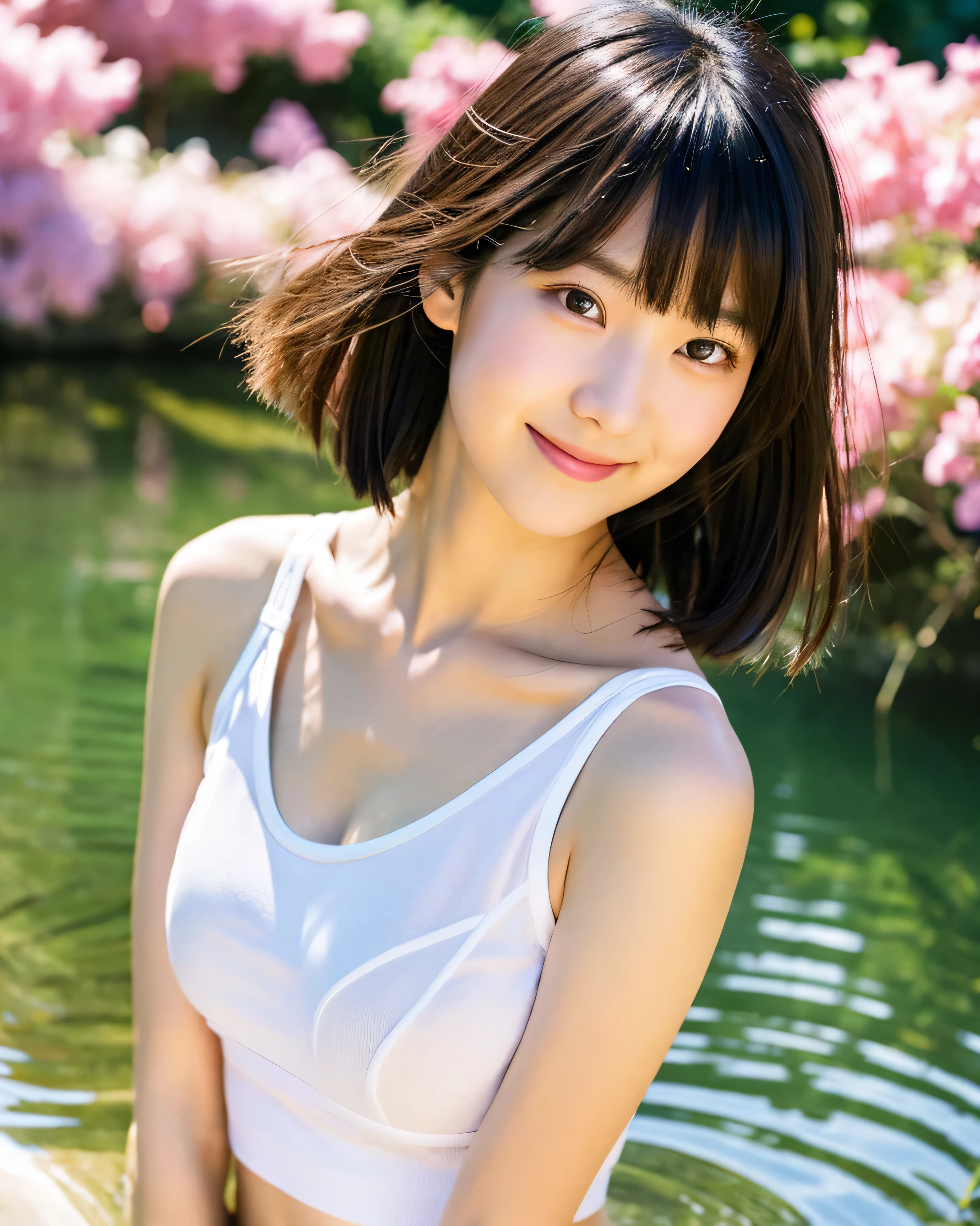 beautiful japanese girl, ,(whole body:1.5) , detailed bright black hair, short twin tails, asymmetrical bangs, big magical eyes, Detailed moisturized eyes, pale pink lips, relaxed smile,  smooth soft skin, white sleeveless shirt, young body, black shorts, Detailed and perfect clavicle, Beautiful high resolution chest, Countryside riverbank, walk in a shallow river, The white bra is visible through the shirt, professional lighting, professional photographer