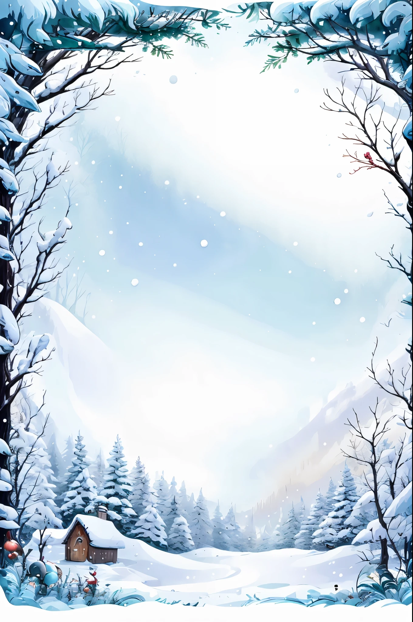 Winter Frame,2017,antlers,apple,artist name,bare tree,bear,berry,bird,blue headwear,bow,branch,candy cane,chicken,christmas,christmas ornaments,christmas tree,coat,earmuffs,fake antlers,footprints,fruit,hat,holly,ice,looking at viewer,mittens,mount fuji,mountain,no humans,outdoors,penguin,pine tree,polar bear,reindeer,reindeer antlers,santa hat,scarf,signature,smile,snot,snow,snowball,snowflake background,snowflakes,snowing,snowman,sparrow,traditional media,tree,water,watermark,white scarf,winter,winter clothes,blank middle