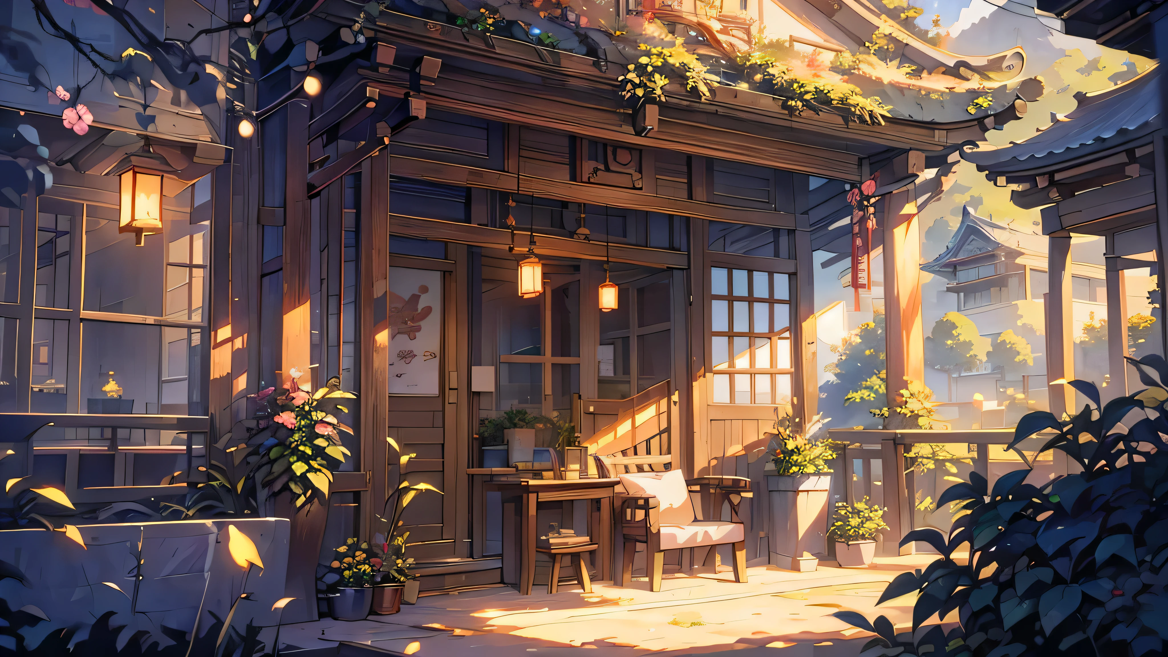 Anime scenery from a room with a bench and a window, アニメのbackground art, landscape artwork, anime background, relaxing concept art, quiet and peaceful atmosphere, Detailed Landscape - Width 672, Beautiful peace scene in anime, background artワーク, background art, The Tran. landscape background, 8K high quality detailed art, zen temple background, beautiful anime scene, anime scenery，Chinese style