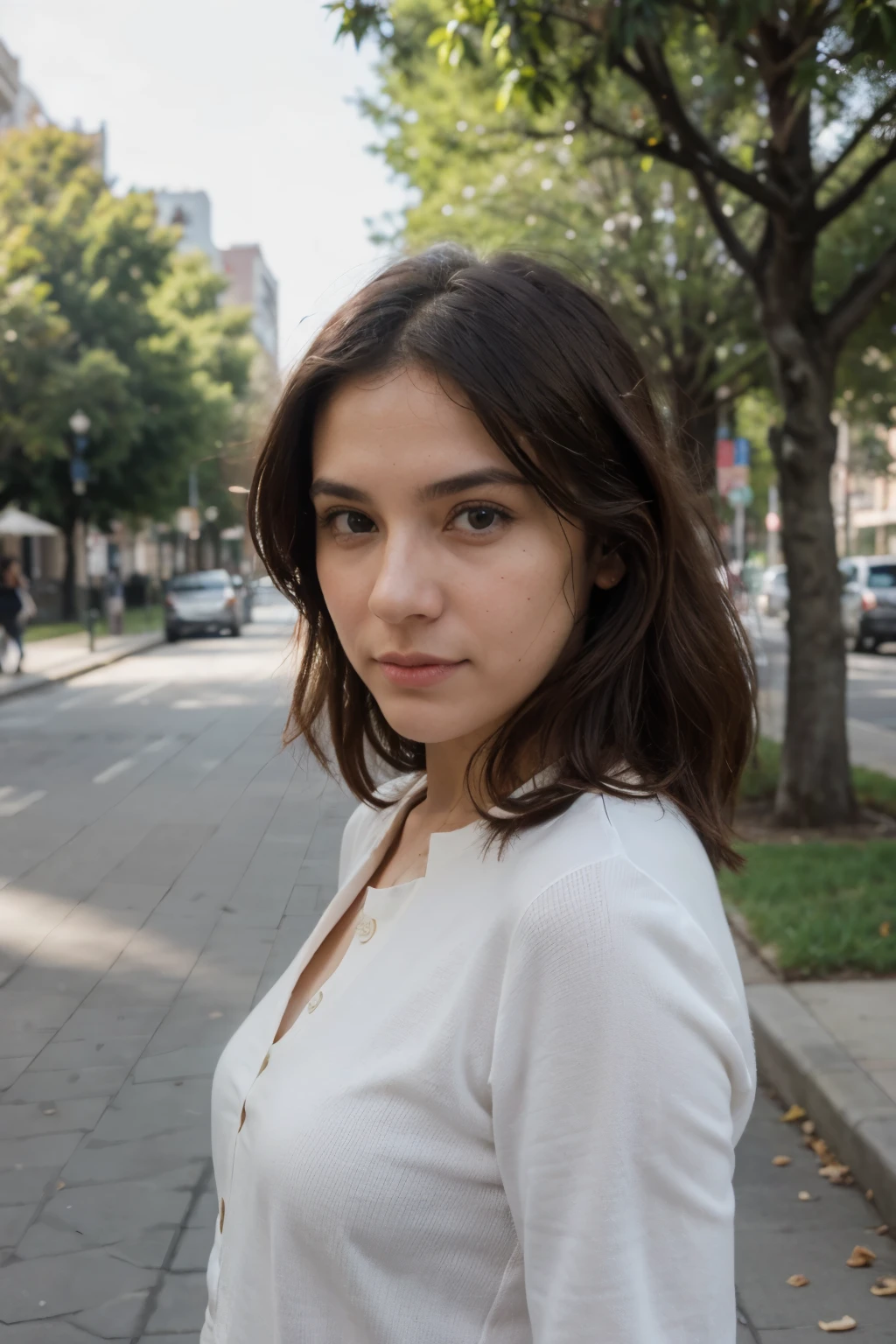 ((Mejor calidad)), ((Obra maestra)), (detallado), perfect face in the city during the day walking through a park