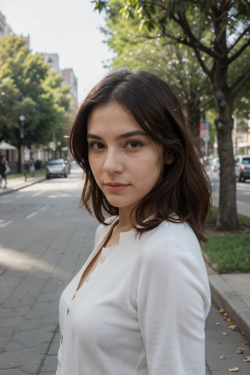 ((Mejor calidad)), ((Obra maestra)), (detallado), perfect face in the city during the day walking through a park