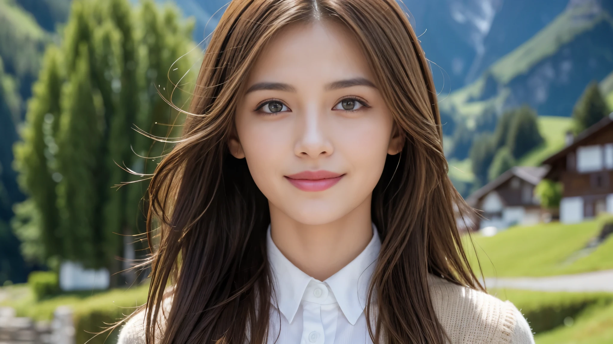 masterpiece, Best Quality, Photorealistic, Ultra-detailed, finely detailed, High resolution, 8K Wallpaper, 1 beautiful woman, light brown hair, foco nítido, Perfect dynamic composition, Beautiful detailed eyes, detailed hairs, Detailed realistic skin texture, Smiling, portrait, Model body type, The background is the village of Grindelwald, Switzerland,
