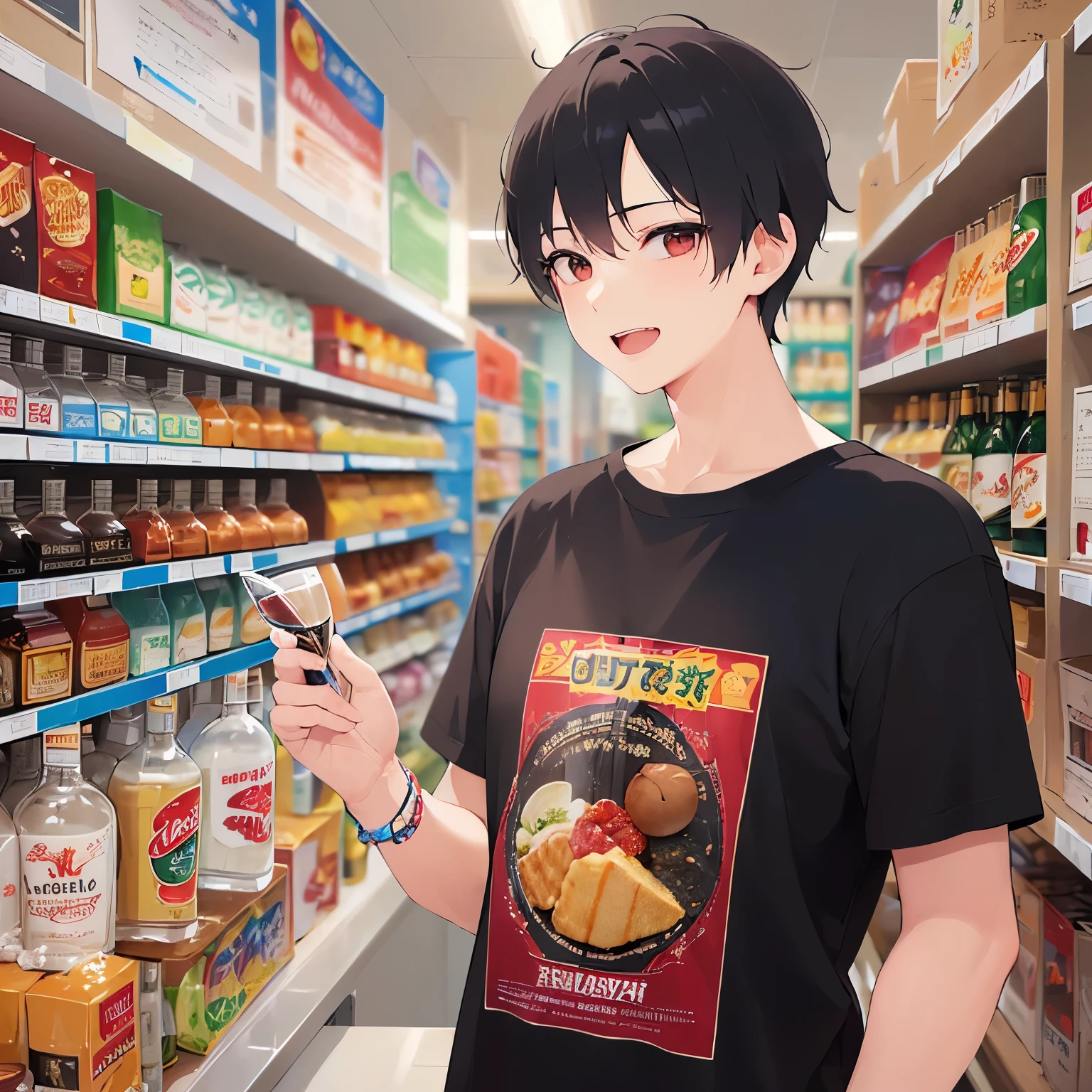 side glance、 masterpiece、highest quality、(25 year old male:1.5) and (brown short hair) and (red eyes), (Wearing a plain black T-shirt:1.5)、smile、open mouth, The background is a liquor store、Are standing、(Alone:1.5)