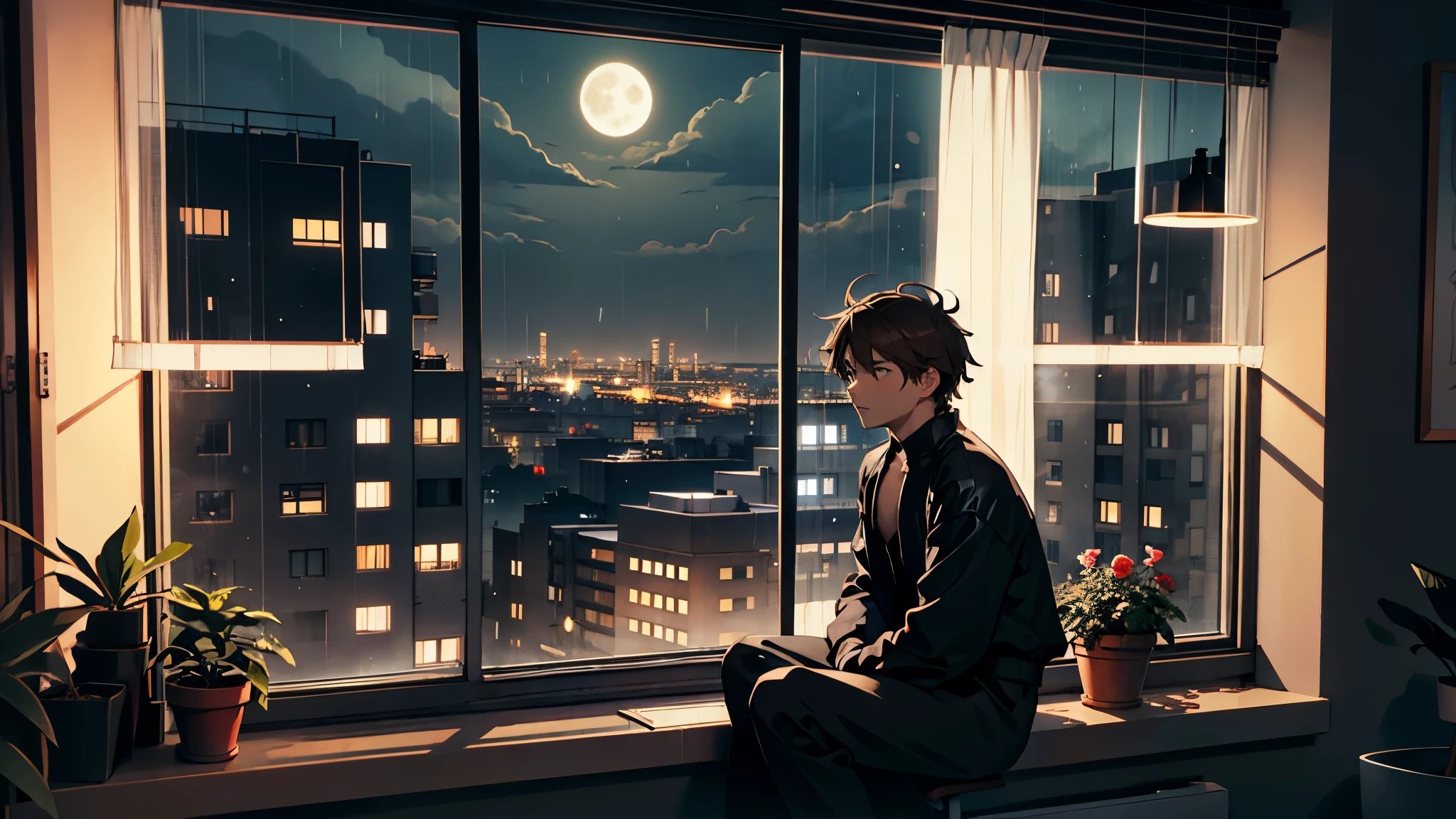 1 male、twinks、独奏、sitting on, room with, messy brown hair, looking at the viewer, Rough clothing, dark, City view at night from the window, Dark room, Flower pots on the windowsill, potted plant, Tulle transparent curtains, Socialist classicism, high buildings. city light, Cityscape, moon , the clouds, Black sky, Lonely silhouette by the window, raining dark
