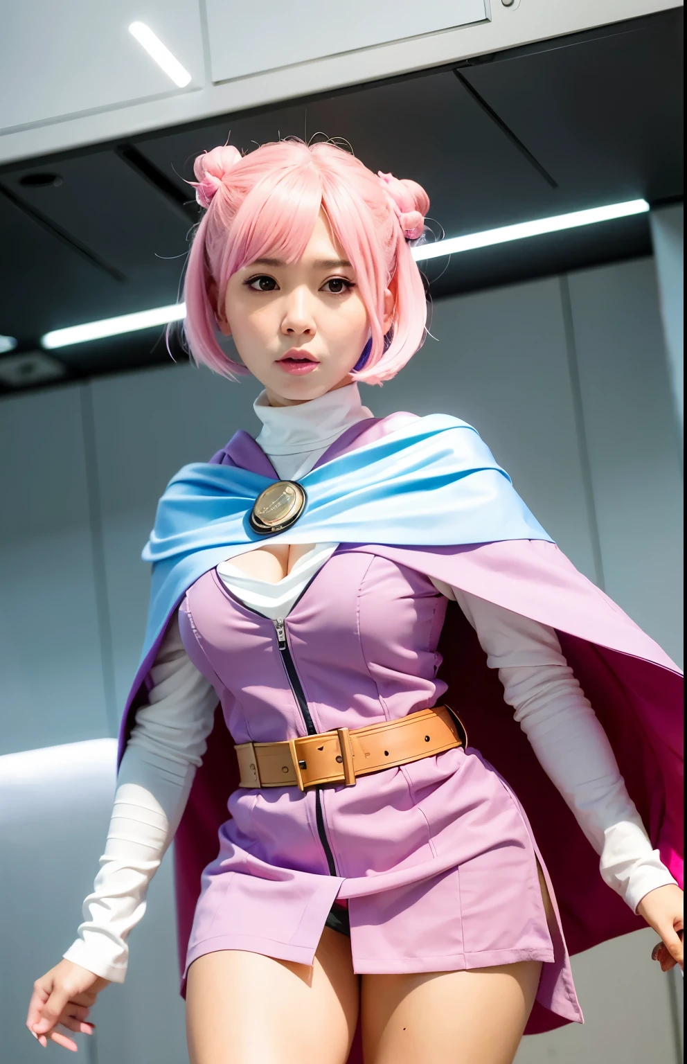 Around 50 wearing a pink dress and a cloak holding a sword, Science Ninja Corps、Jun、Portrait of a modern dharna, As a retro-futuristic heroine, cosplay photo, cosplayer, professional cosplay, publicity cosplay, echo from overwatch, power girl, As an Overwatch character, anime cosplay, IU Lee Ji Eun plays a super villain, cosplay, close up photo, with cloak