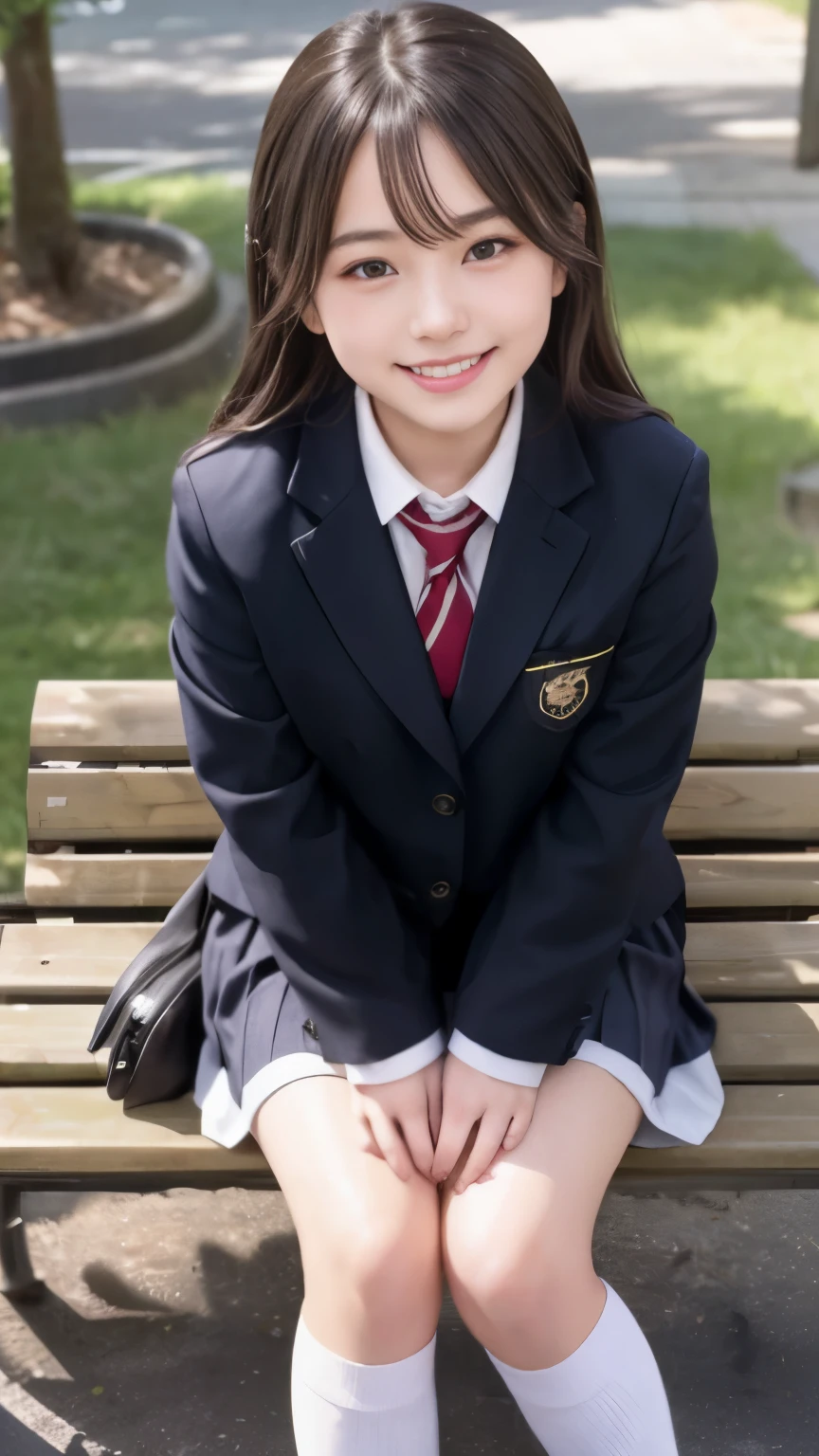 ((Full body shot))、realistic,photorealistic,super detailed,perfect shading,shiny skin,big eyes、long eyelashes、Neat and clean hairstyle、smile、open your mouth、school life,school uniform,girl,軽いsmile,schoolyard、sit on a bench、inner thigh、open legs、black knee high socks