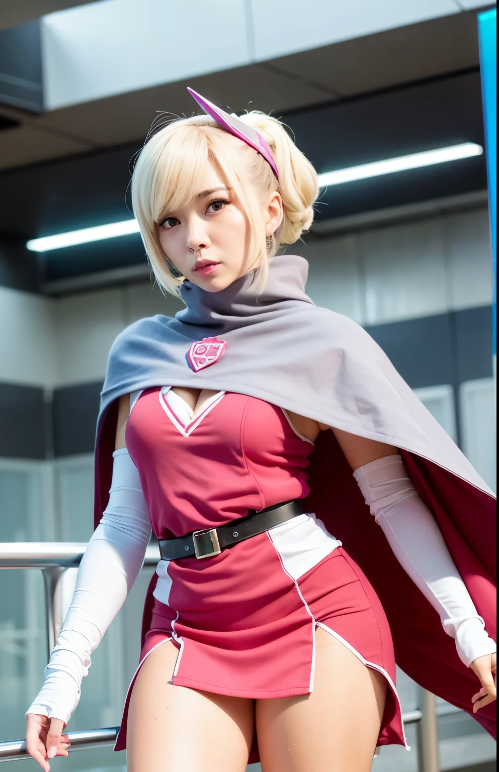 Around 50 wearing a pink dress and a cloak holding a sword, Science Ninja Corps、Jun、Portrait of a modern dharna, As a retro-futuristic heroine, cosplay photo, cosplayer, professional cosplay, publicity cosplay, echo from overwatch, power girl, As an Overwatch character, anime cosplay, IU Lee Ji Eun plays a super villain, cosplay, close up photo, with cloak