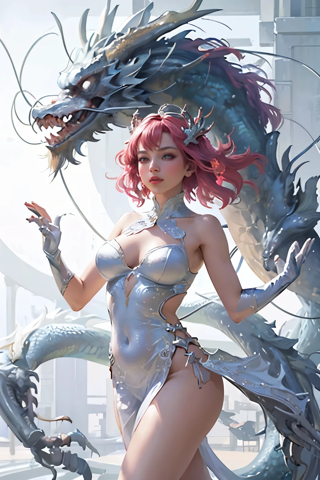 In this captivating image, a stunningly beautiful woman gracefully dons a superhuman dress code that embodies both ethereal beauty and raw power. With her enchanting face, highlighted by gentle blushes on her cheekbones and a mesmerizing smile that lights up the room, she commands attention and admiration. Her legs, long and supple, are adorned with intricate, flowing lines that reflect the grace of a dancer.

The dress that adorns her body is a breathtaking work of art, featuring the vibrant colors of white and red. This magnificent creation transforms her into a mythical dragon in a way that defies reality. The white fabric drapes softly
