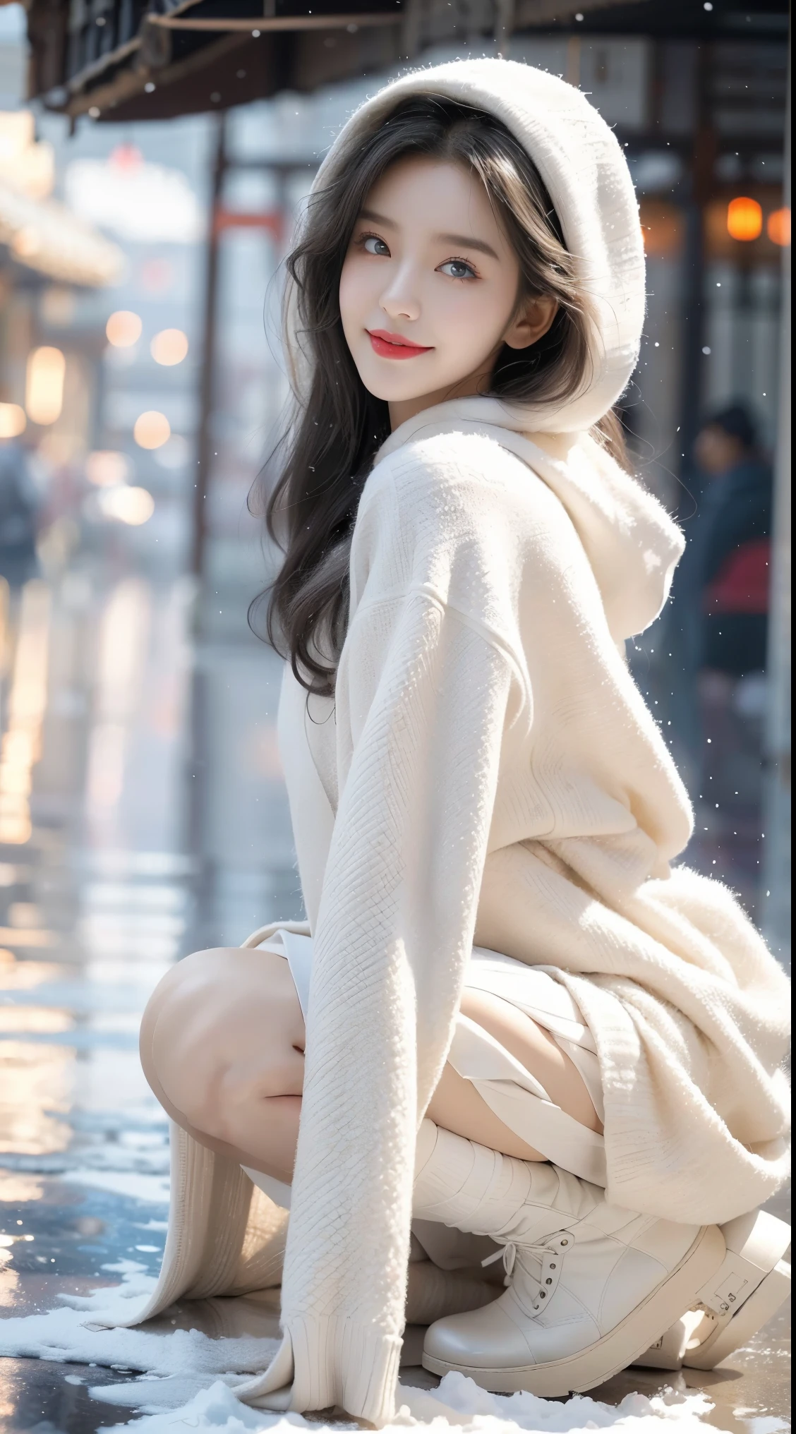 ((best quality,masterpiece,ultra high resolution)),(realistically:1.4),(Korean celebrity poster sample),1 girl,head to knees,dynamic poses,adult face,Slim,(Smile),joy,Reflective eyes,(shiny skin),(contour,street frontage),White hair,长White hair,black eyes,Top fashion,((White plush hooded coat)),beautiful clothes,(ta costume),(short skirt),(Real snowfall:1.5,covered with snow,snow,Simple street),(clear eyes),(clean nose),(Clear lips),(White skin),(Ultra-realistic textile textures),light,35mm,official art,Incredibly Ridiculous Resources,Huge file size,
