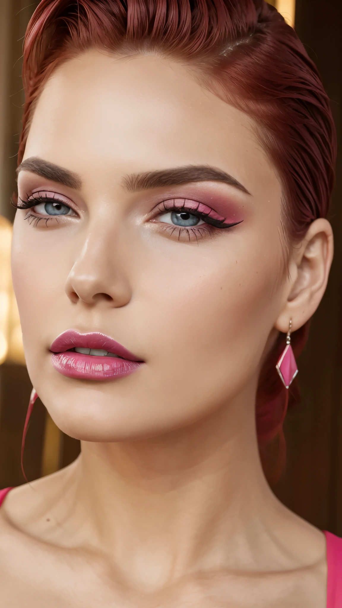 Pink make-up, pink lipstick, slicked back red hair, Detailed Face, Detailed Lips, Detailed Eyes,