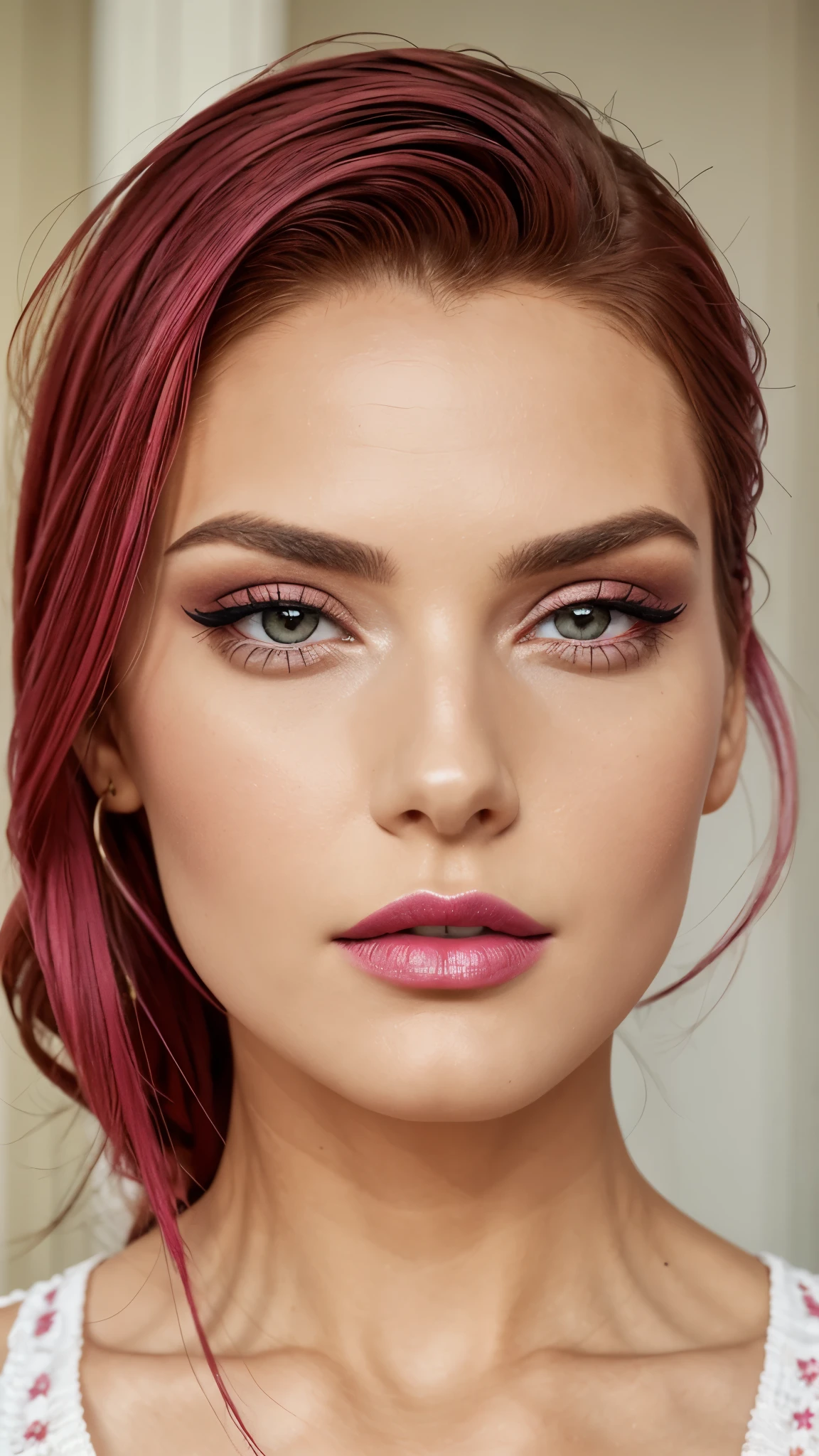 Pink make-up, pink lipstick, slicked back red hair, Detailed Face, Detailed Lips, Detailed Eyes,