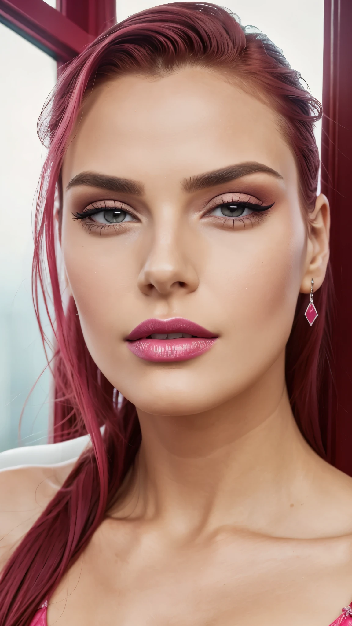 Pink make-up,  pink lipstick, slicked back red hair, Detailed Face, Detailed Lips, Detailed Eyes, 