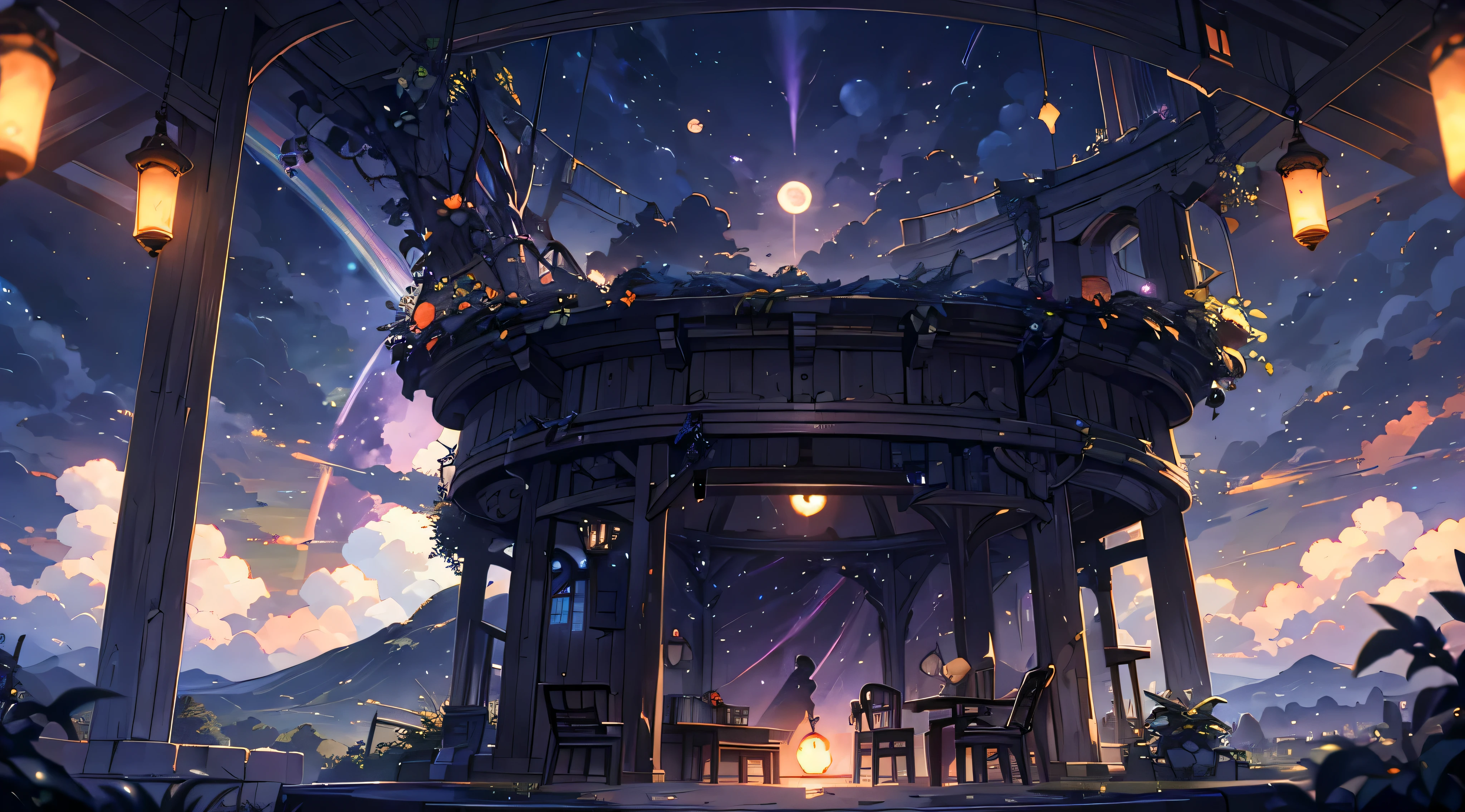 Makoto Shinkai, vast landscape photography , (view from below,Shows the sky above and below), (full moon:1.2), ( meteor:0.9), (star cloud:1.3), lamp light, lots of purple and orange, intricate details, Volume lighting BREAK (masterpiece:1.2), (highest quality), 4k, Super detailed, (dynamic composition:1.4), very detailed, colorful details,( Rainbow-colored:1.2), (bright lighting, atmosphere lighting), dream-like, magic, (alone:1.2)