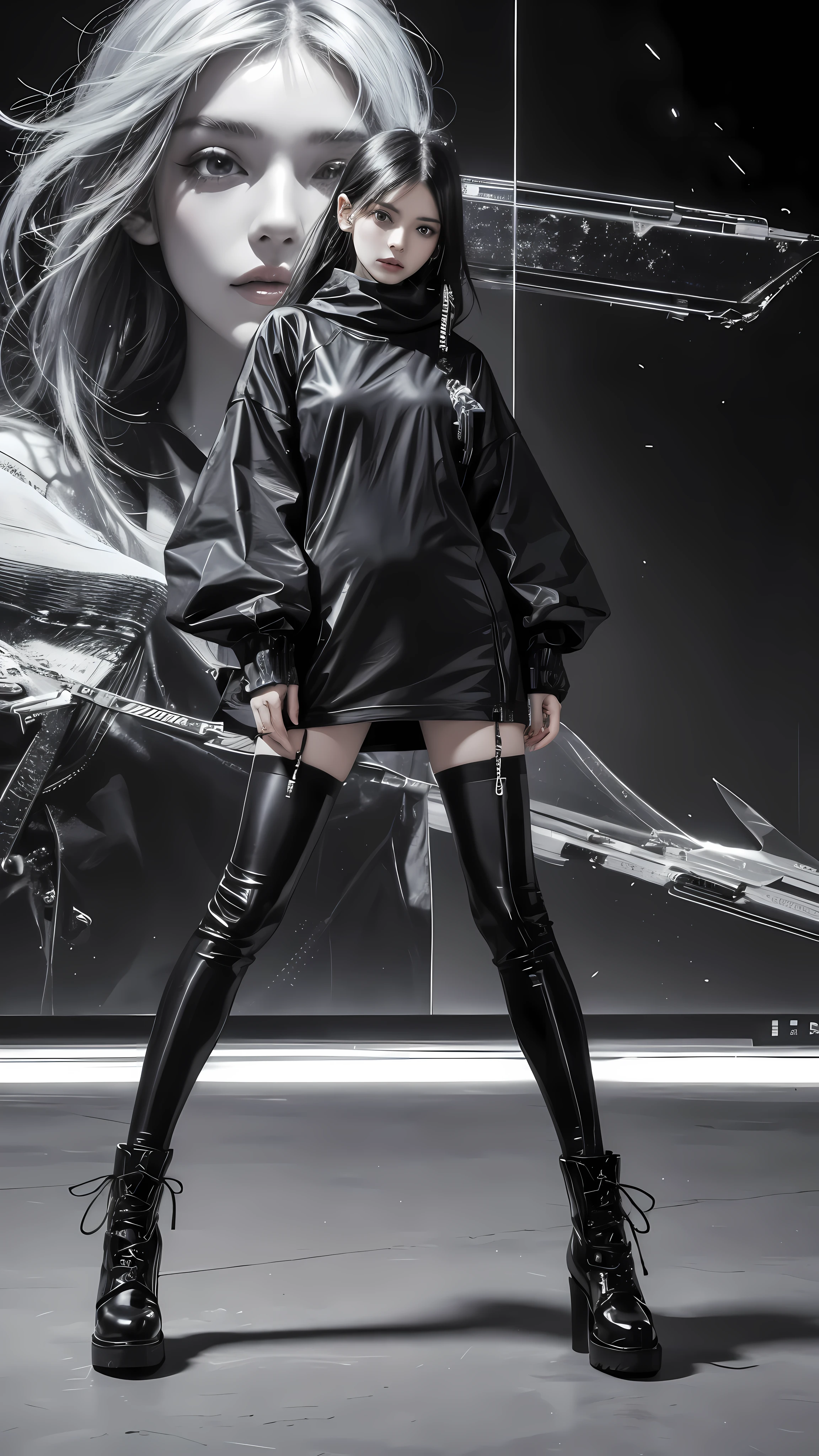 fashion brand collection, highly detailed, beautiful, masterpiece, best quality, Geometric style, abstract beauty,1 girl, (all body shot, standing and posing:1.3), dynamic pose, approaching perfection, digital painting, artstation, (concept art:1.3), illustration, white and black colors, Geometric patterns, abstract forms, Complex, surreal, BREAK latex, Glossy, Liquid, rubber, BREAK (casual fashion and Cyber taste fashion), (JET black theme:1.4), baggy and baggy wear, baggy body line and baggy sleeve, baggy knit A-line dress, tered geometry, Face mask, (long length muffler), BREAK (stripe theme:1.2), (striped Socks with zettai ryouiki), boots taste Sneaker, Artistic complicated background