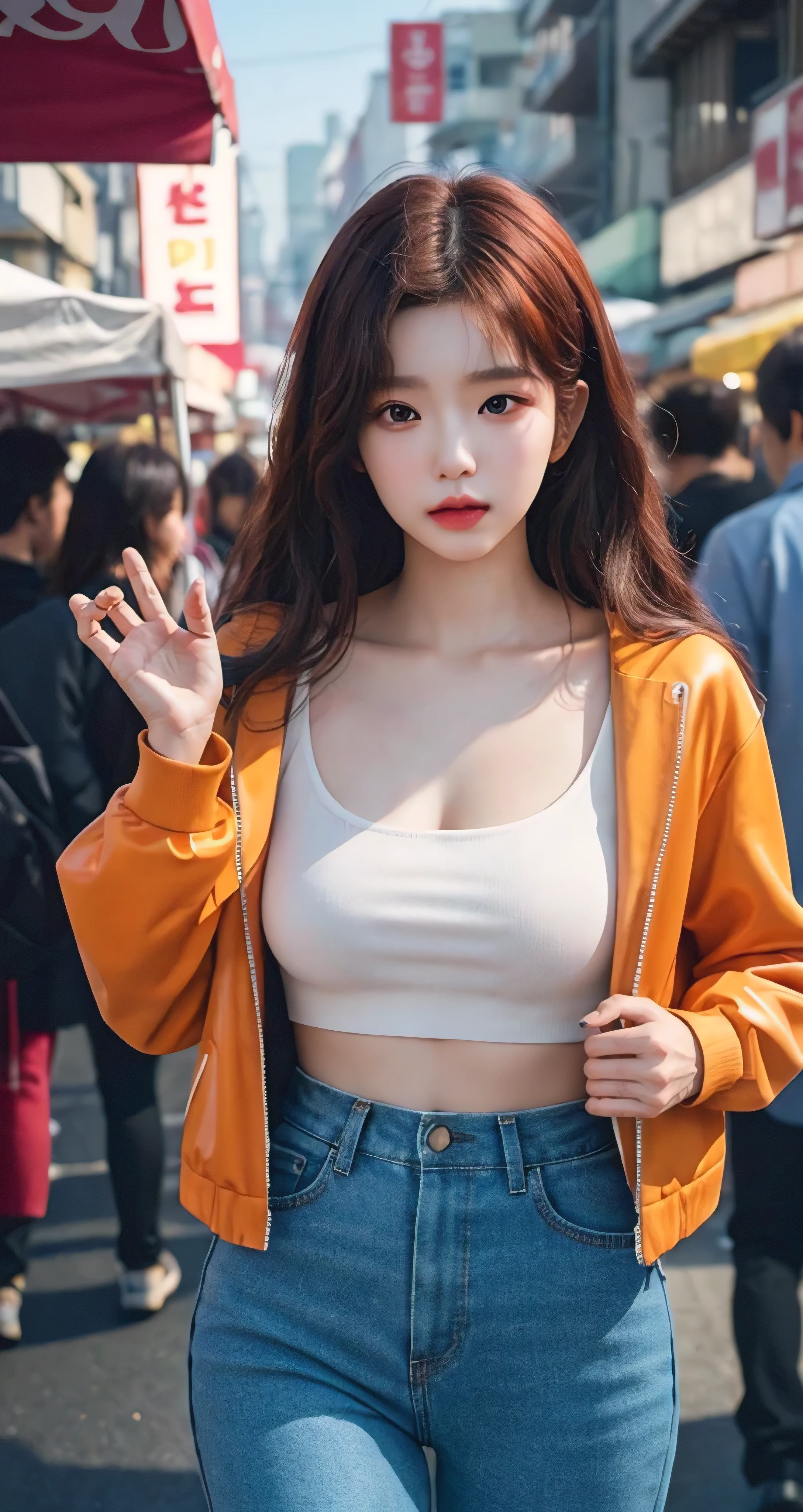 Best Quality Detail:1.2, realisitic, 8K UHD, hight resolution, 1girl in:1.2, The ultra-detailliert, High quality textures, intricate detailes, detaileds, Very detailed CG, High quality shadows, Detail Beautiful delicate face, Detail Beautiful delicate eyes, depth of fields, Ray traching, masterpiece, best quality,ulzzang -6500-v1.1:0.6, pureerosface_v1, Pretty korean Girl, Korean Urzan Face:1.1, milf, 28 year old woman,short neon orange hair,shiny_skin,thin_waist,gigantic breasts,wearing orange varsity jacket with black polkadots, 4K, 8K UHD Full Color RAW Photos, Fuji Film(Medium format:1.2), Hasselblad:1.2, Carl zeiss:1.1, Incredible dynamic range photography(UTIL_Art by Smoose-768:1.1), hight resolution, High pixel count, clear details, crisp image, Natural color reproduction, Noise Reduction, High fidelity, qulity, Software Improvements, Upscaling, Optimized algorithms, Pro-level retouching,crowd:1.1,depth of field,looking at viewer,random pose walking at the Daegu street market background,random sexy pose walking at the Daegu street market
