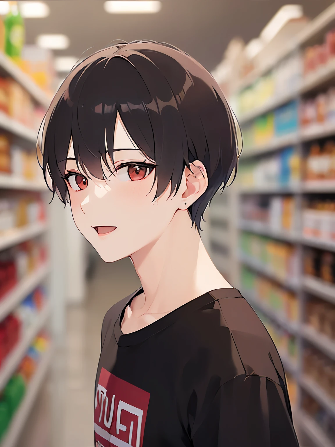 side glance、 masterpiece、highest quality、(25 year old male:1.5) and (brown short hair) and (red eyes), (Wearing a plain black T-shirt:1.5)、smile、open mouth, The background is a liquor store、Are standing、(Alone:1.5)