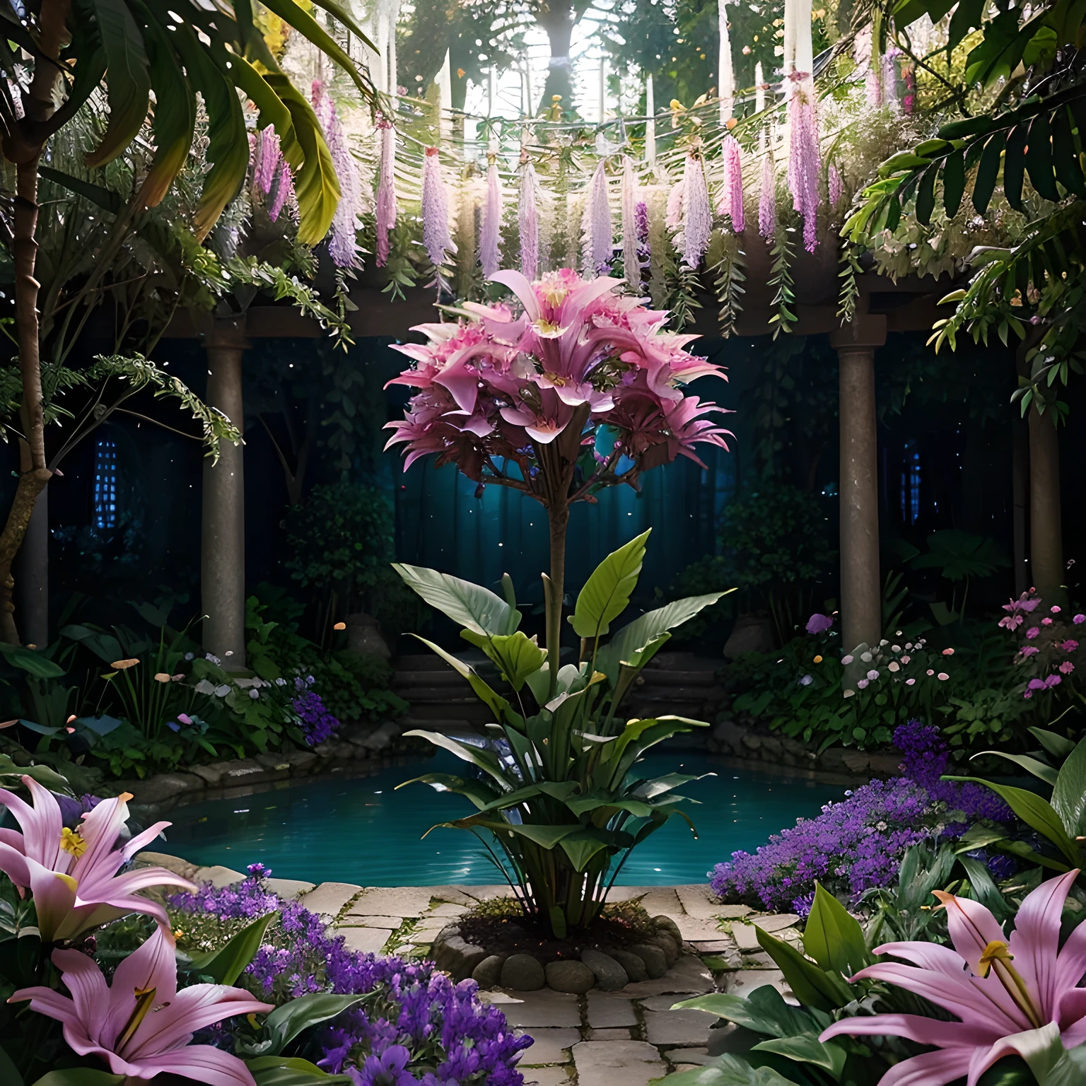 lush plantlife, real, detailed, 8k, high quality, an enchanting and dreamy scene of fantasy/alien forest, lillies, creating a sense of mystique and enchantment, blues and purples, garden, water, flowers, depth of field photorealist, crystals, geodes