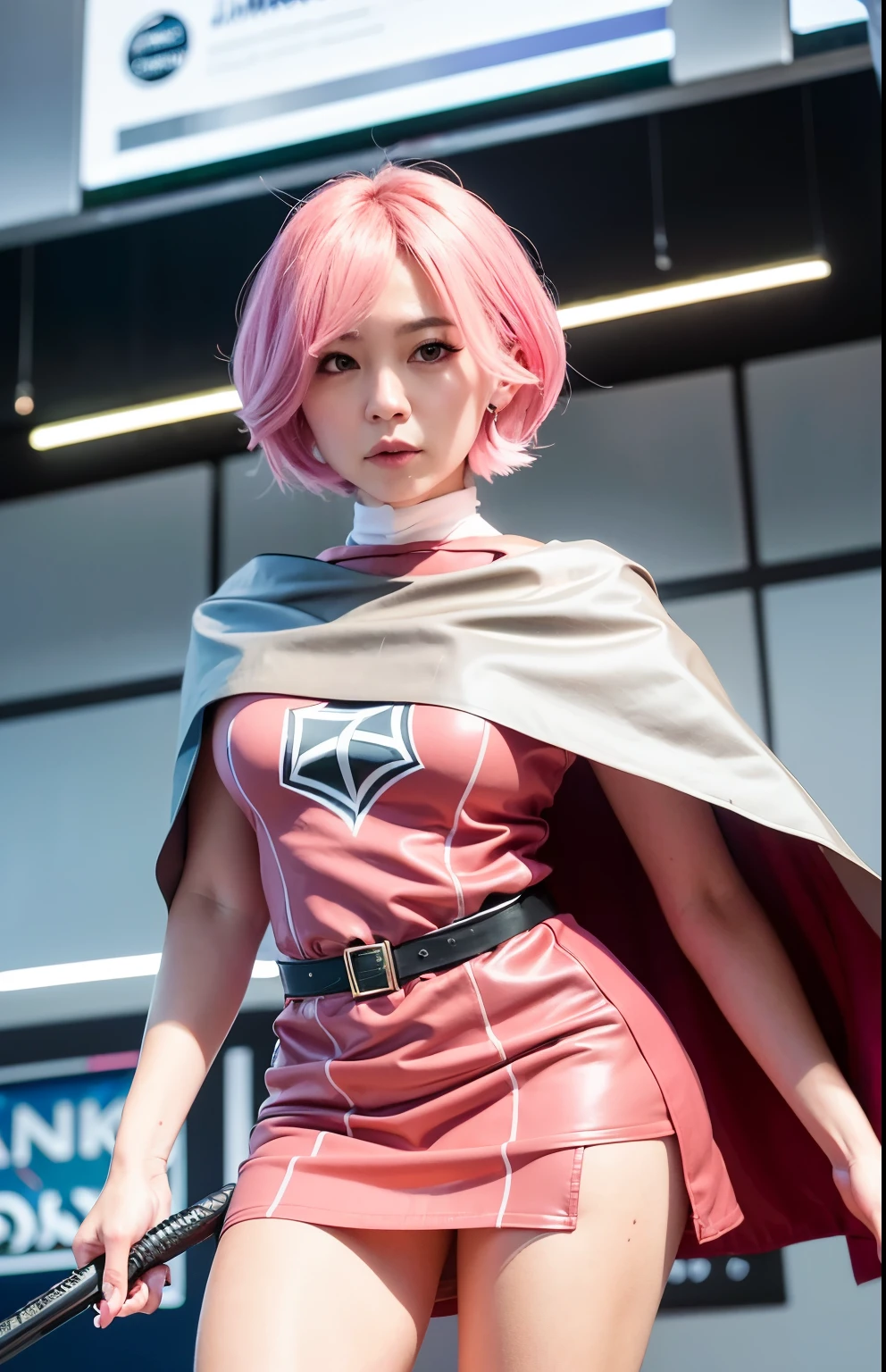 Around 50 wearing a pink dress and a cloak holding a sword, Science Ninja Corps、Jun、Portrait of a modern dharna, As a retro-futuristic heroine, cosplay photo, cosplayer, professional cosplay, publicity cosplay, echo from overwatch, power girl, As an Overwatch character, anime cosplay, IU Lee Ji Eun plays a super villain, cosplay, close up photo, with cloak