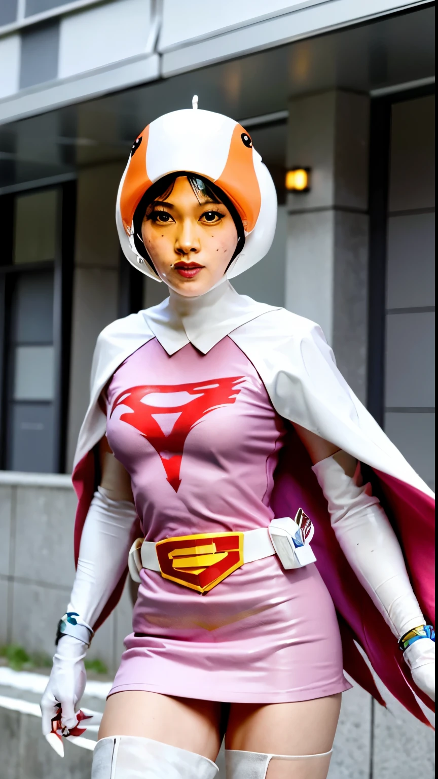 A woman wearing a pink dress and cloak is standing in front of a building, power girl,Jun the Swan、science ninja、 As a retro-futuristic heroine, As a retro-futuristic heroine, sheila, she - ra, anime female hero portrait, Portrait of a modern dharna, anime visual of super girl, super girl, official art, Dinah Drake, hironaka, blowjob white mecha