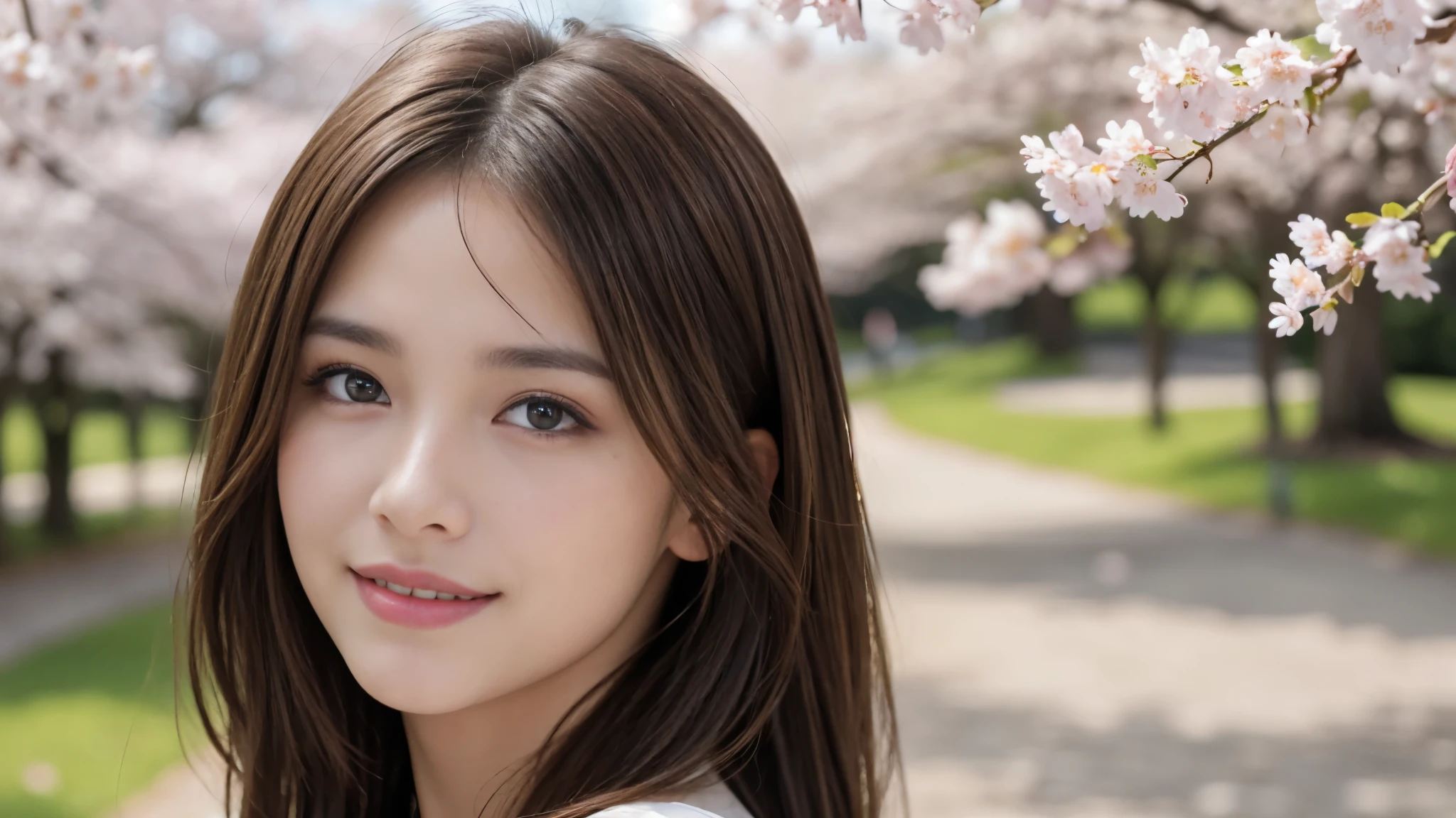 masterpiece, Best Quality, Photorealistic, Ultra-detailed, finely detailed, High resolution, 8K Wallpaper, 1 beautiful woman, light brown hair, foco nítido, Perfect dynamic composition, Beautiful detailed eyes, detailed hairs, Detailed realistic skin texture, Smiling, portrait, Model body type, Take a walk in the park with cherry blossoms and Fuji mountain background,
