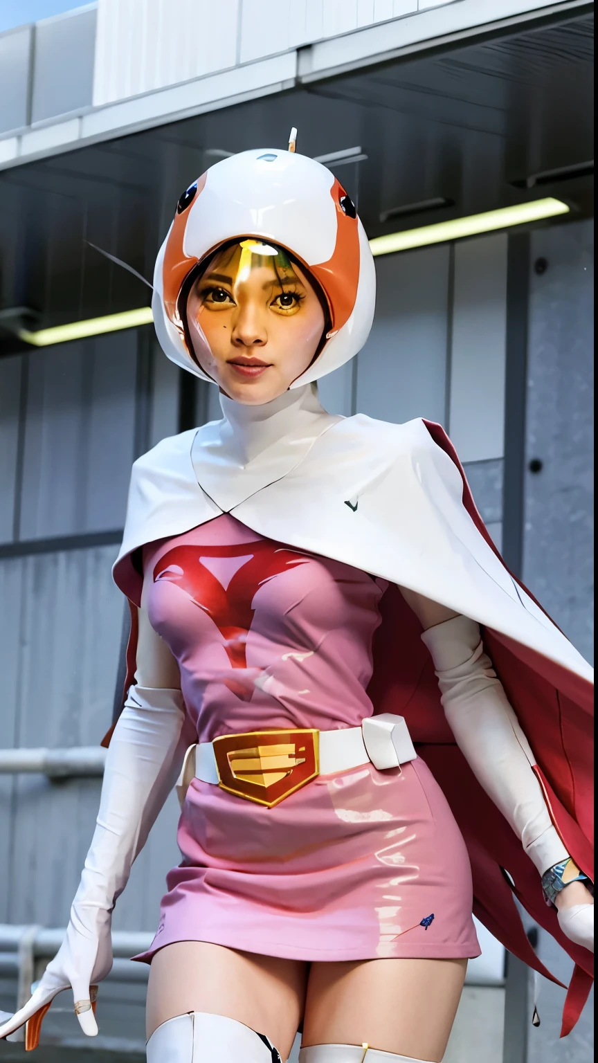 A woman wearing a pink dress and cloak is standing in front of a building, power girl,Jun the Swan、science ninja、 As a retro-futuristic heroine, As a retro-futuristic heroine, sheila, she - ra, anime female hero portrait, Portrait of a modern dharna, anime visual of super girl, super girl, official art, Dinah Drake, hironaka, blowjob white mecha